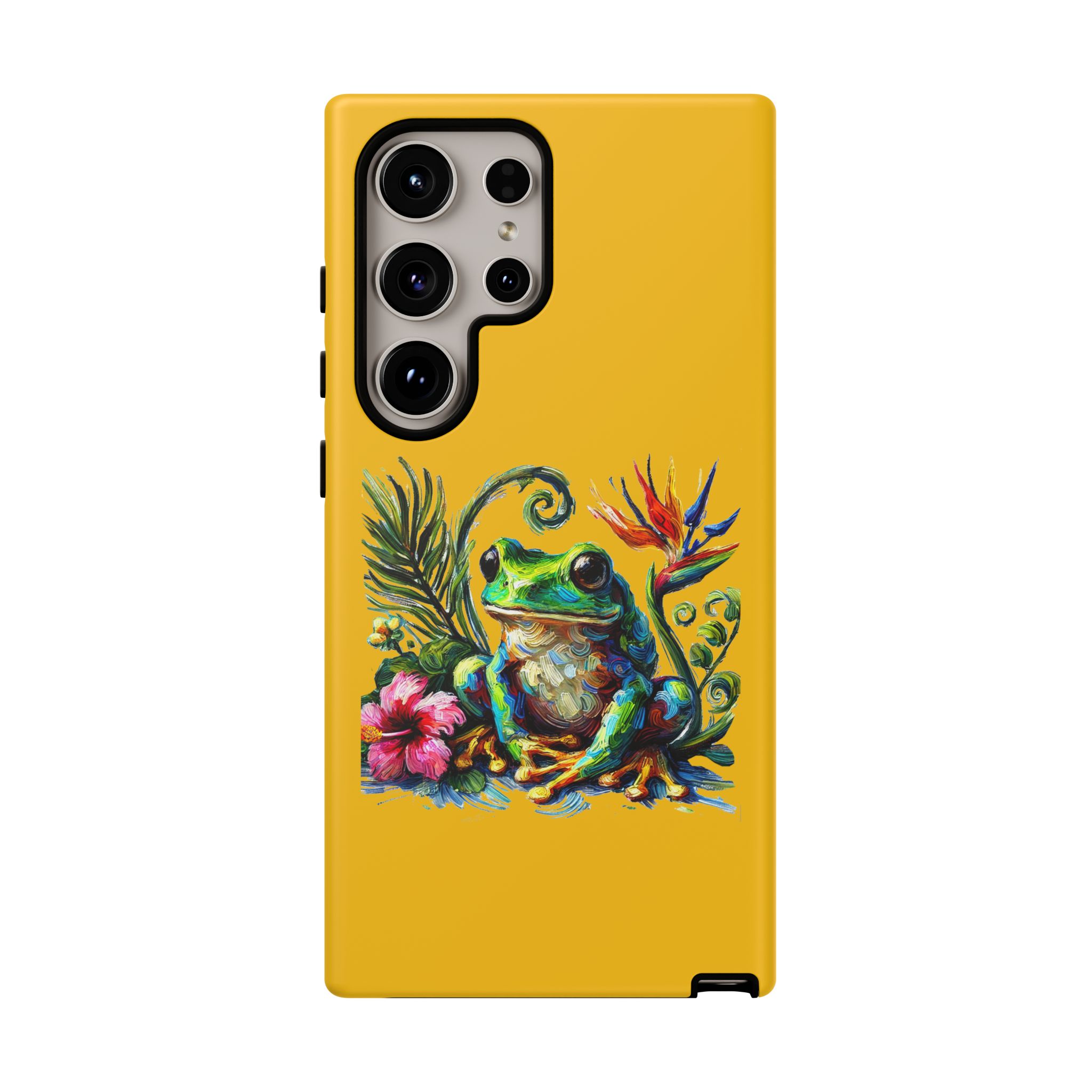Vibrant yellow phone case featuring a colorful frog design surrounded by tropical flowers and leaves.