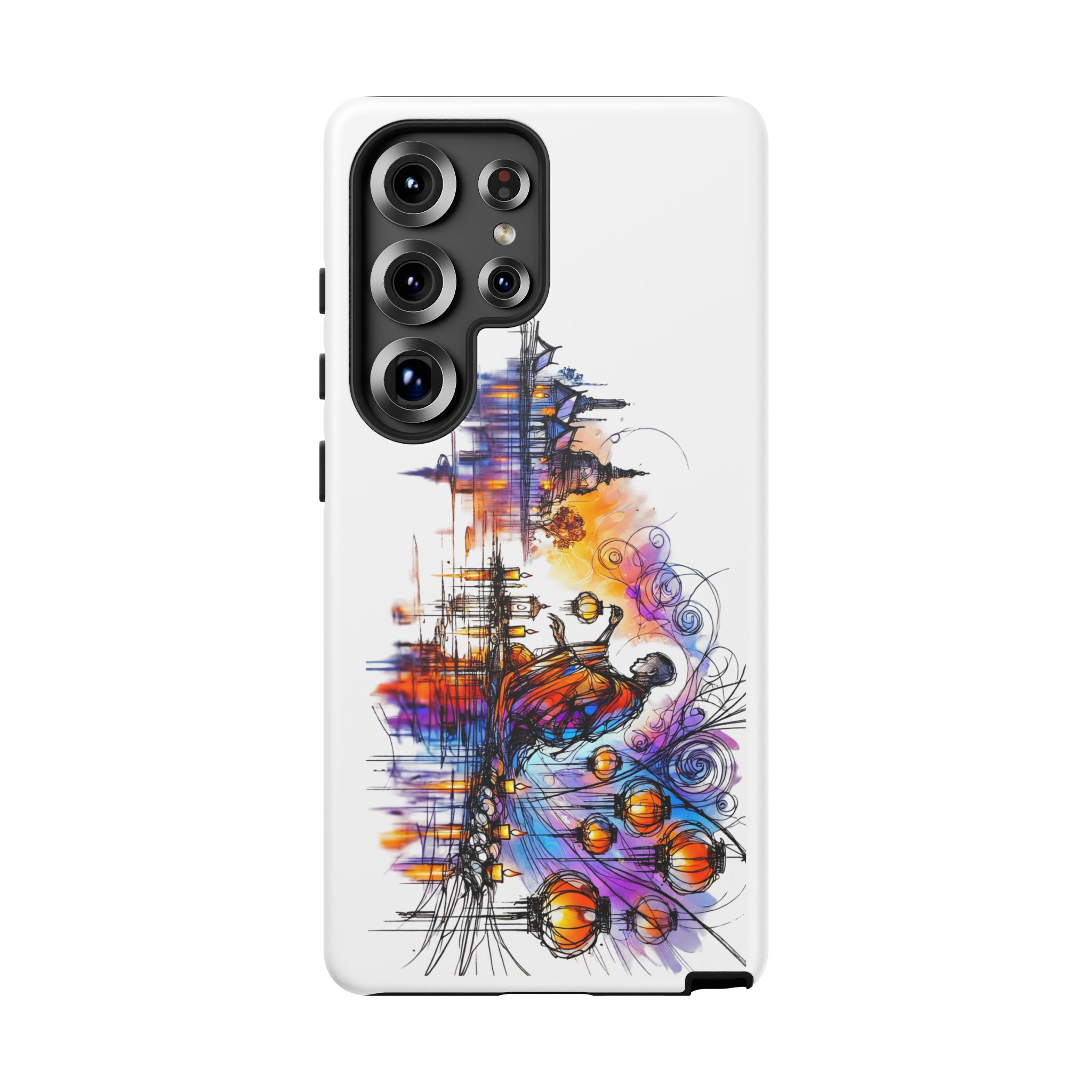 Colorful artistic design on a phone case featuring abstract elements and a figure holding a ball.