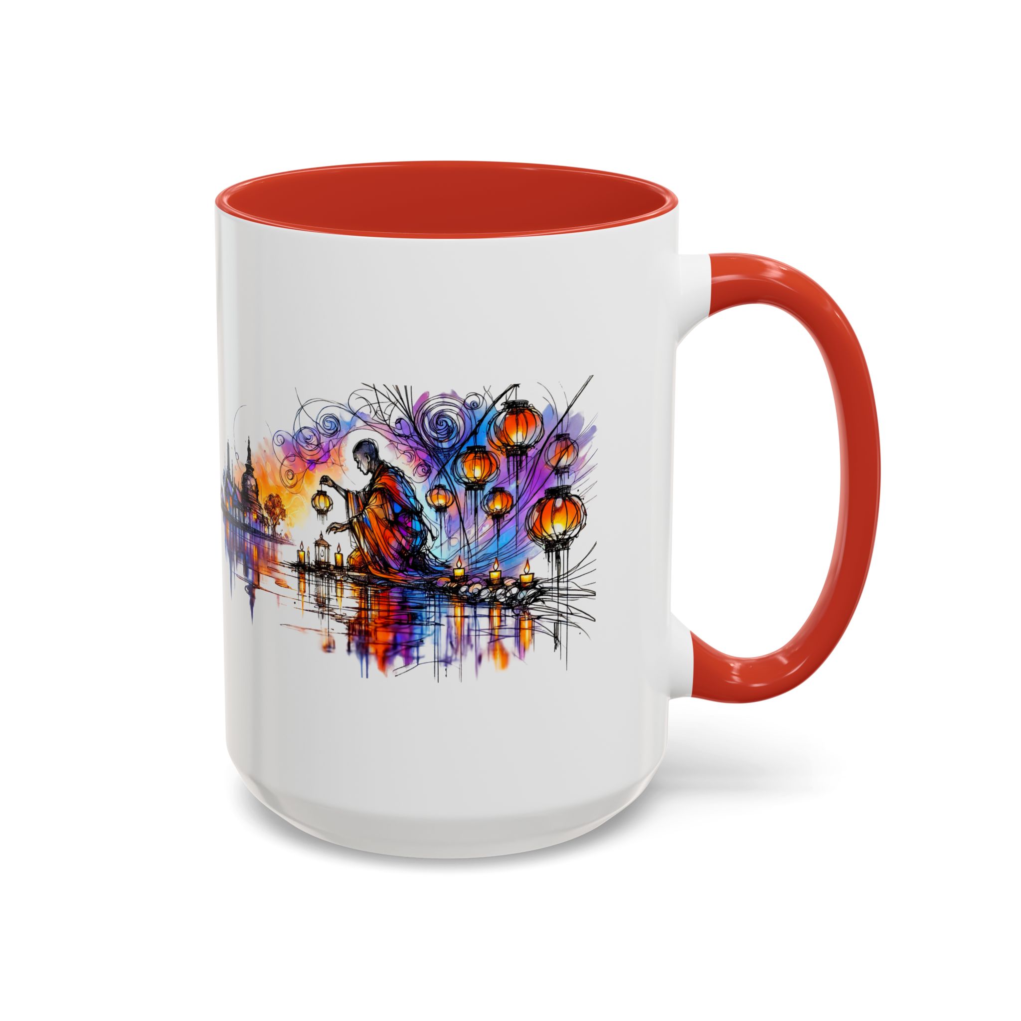 Mug with a colorful artistic design featuring lanterns and a figure by a river.