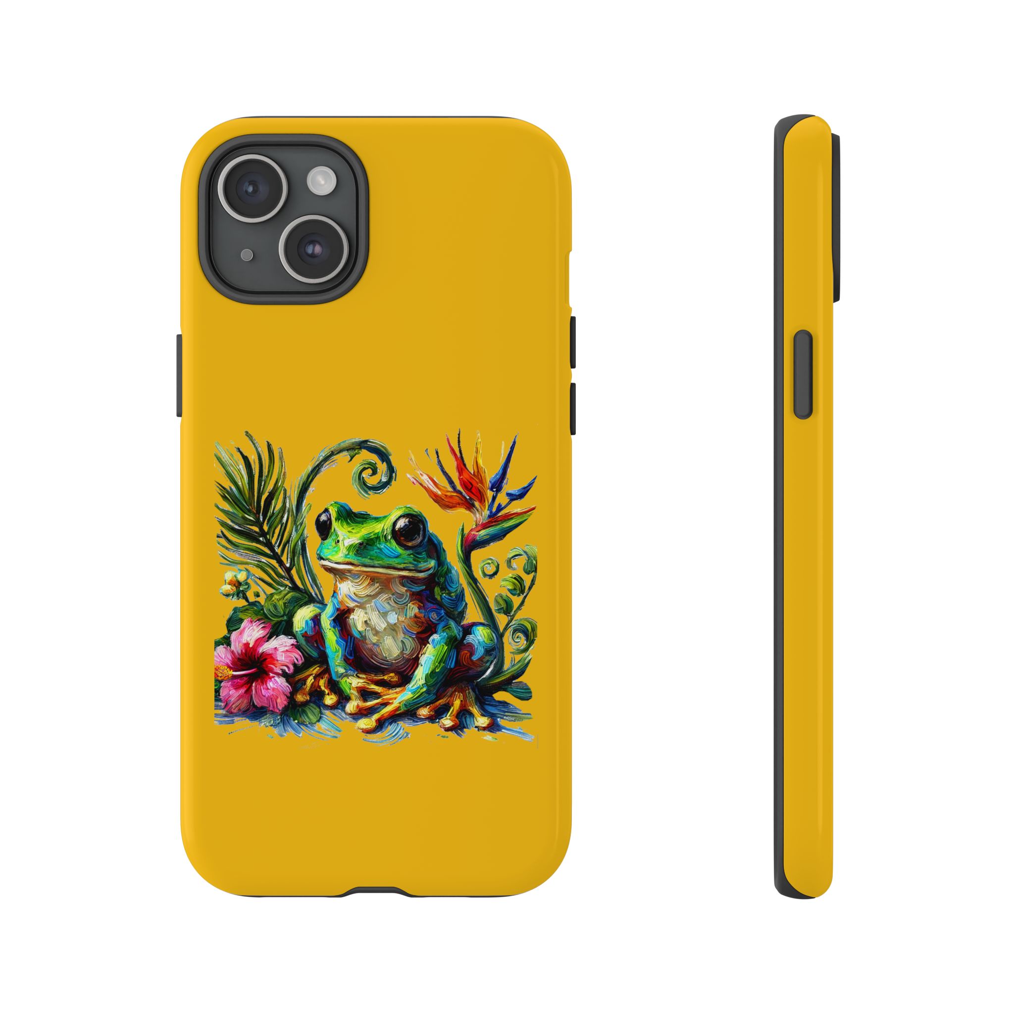 Yellow phone case featuring a colorful frog design with tropical flowers and a bird.