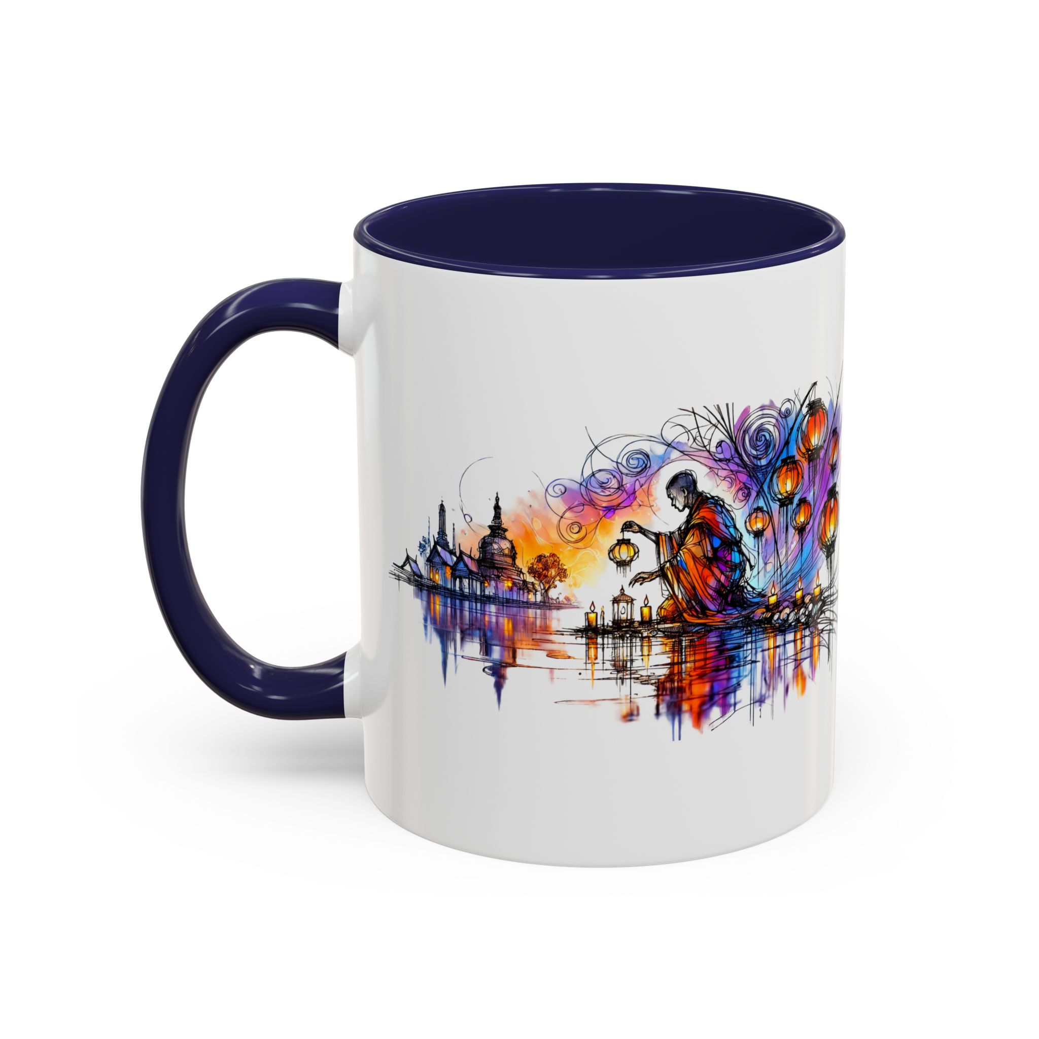 Artistic mug featuring a colorful design with a figure and abstract elements.