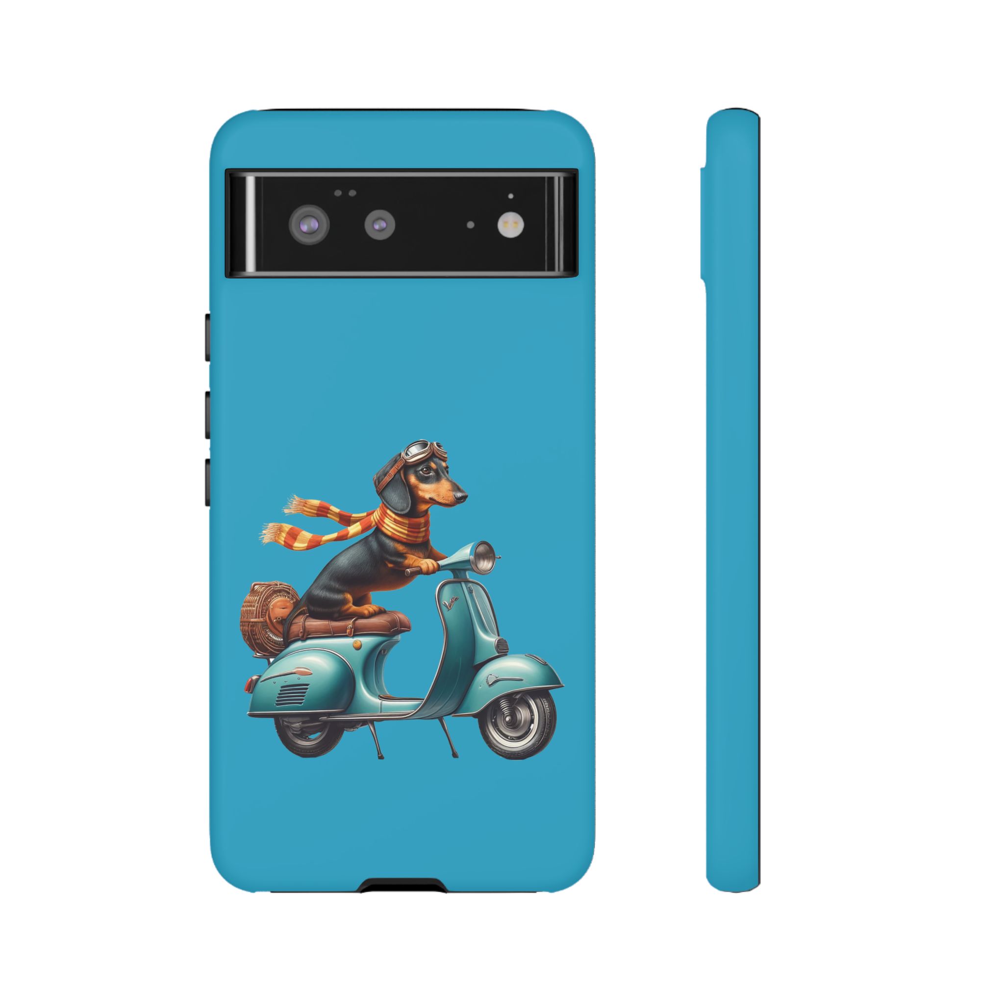 A phone case featuring a dachshund dog riding a scooter, wearing goggles and a scarf against a blue background.