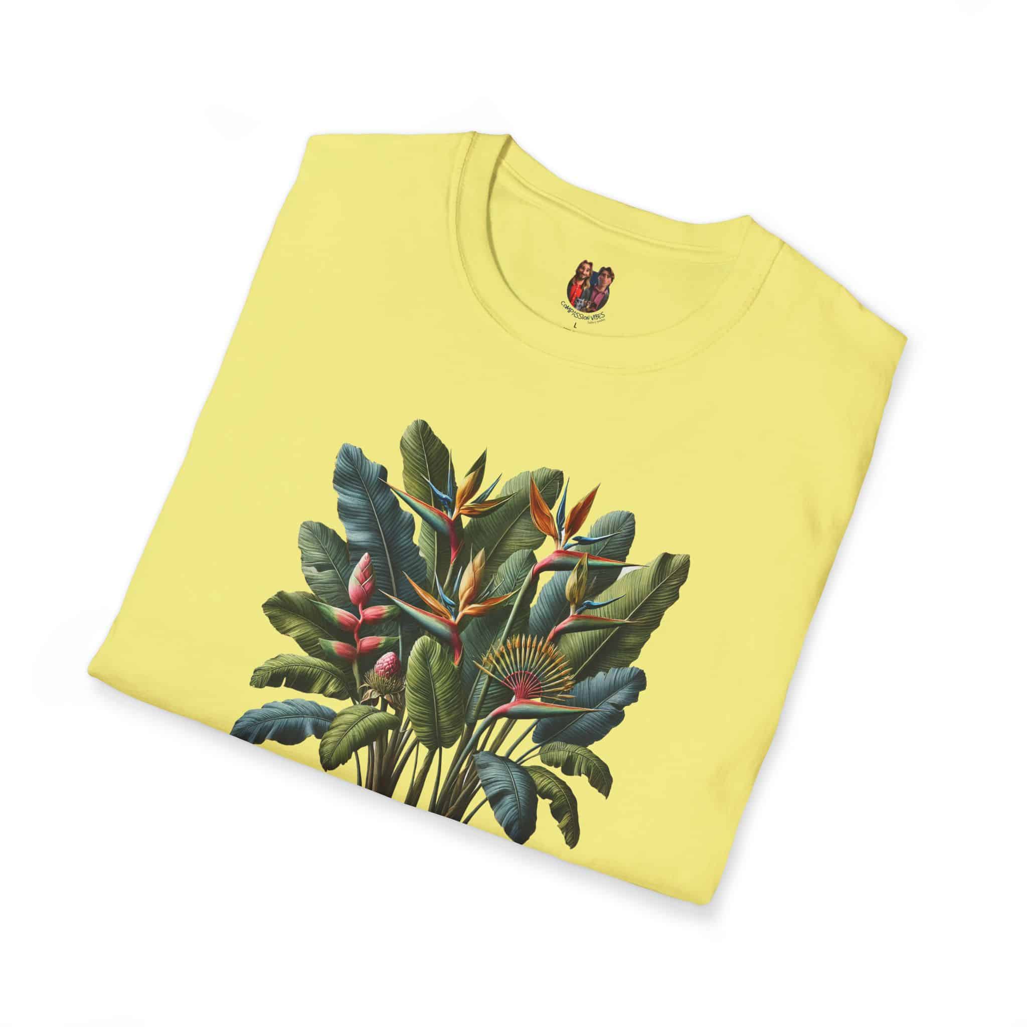 Yellow T-shirt featuring a tropical plant design with vibrant colors and details.