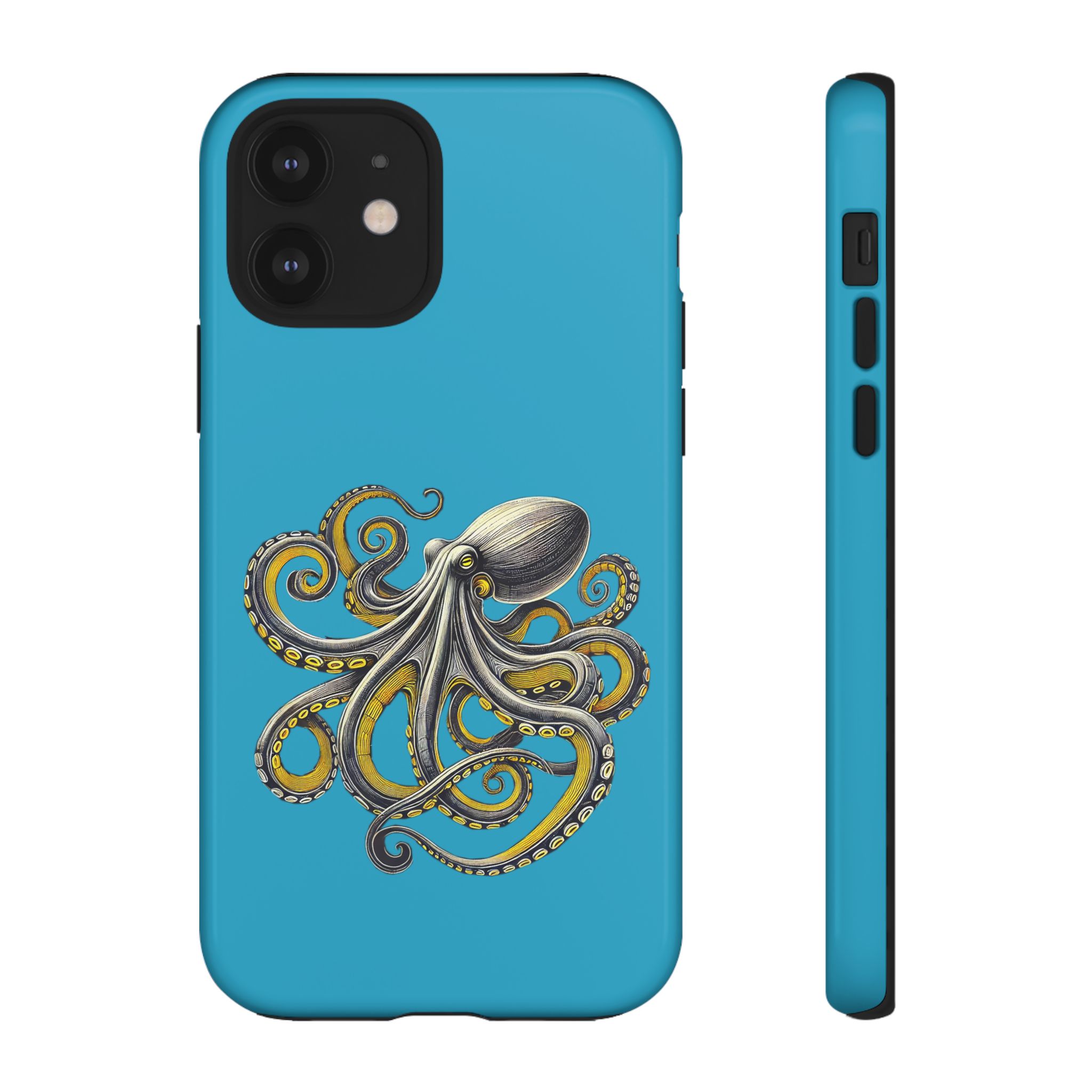 Phone case with an illustration of an octopus on a turquoise background.