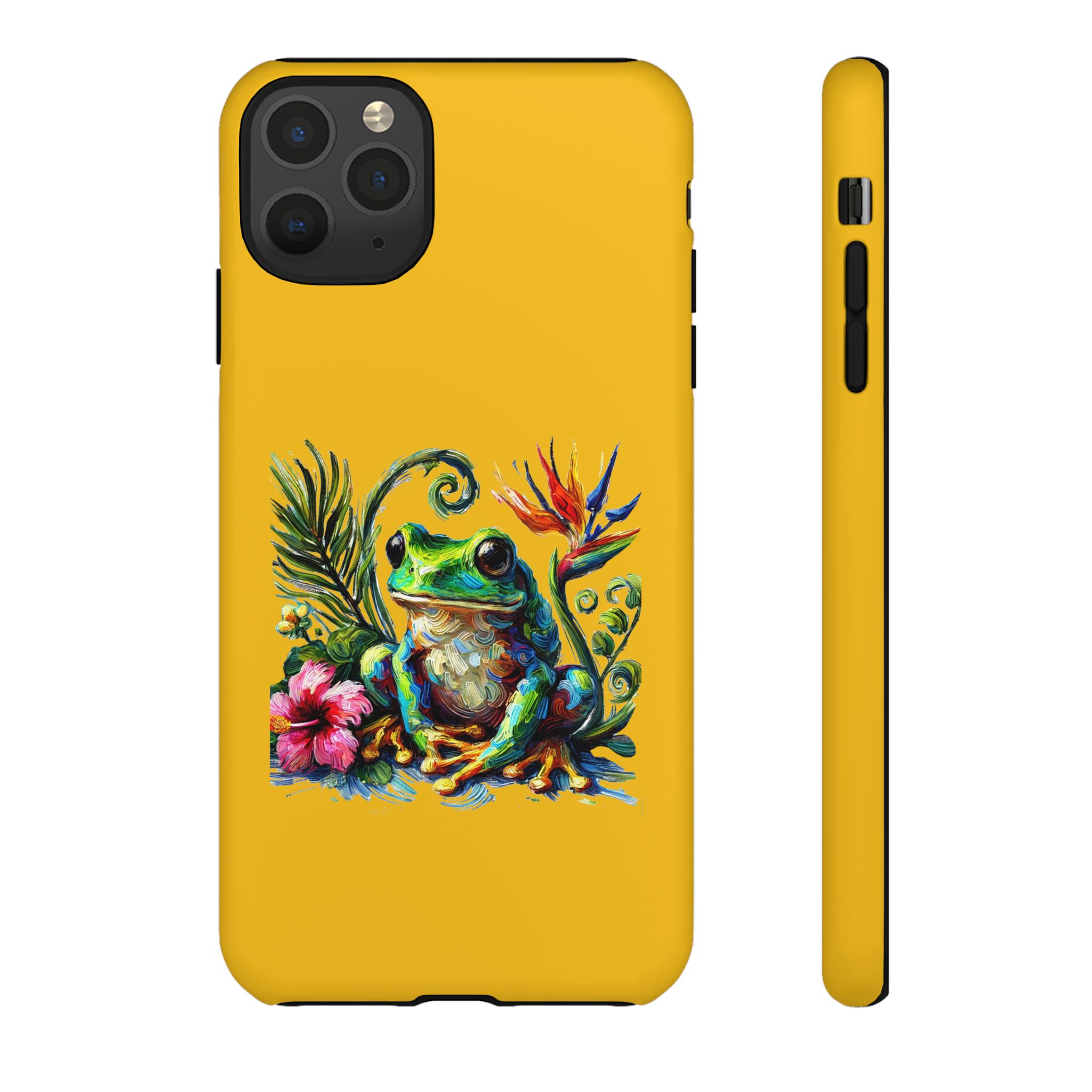 Vibrant yellow phone case featuring a detailed illustration of a frog surrounded by tropical flowers and leaves.