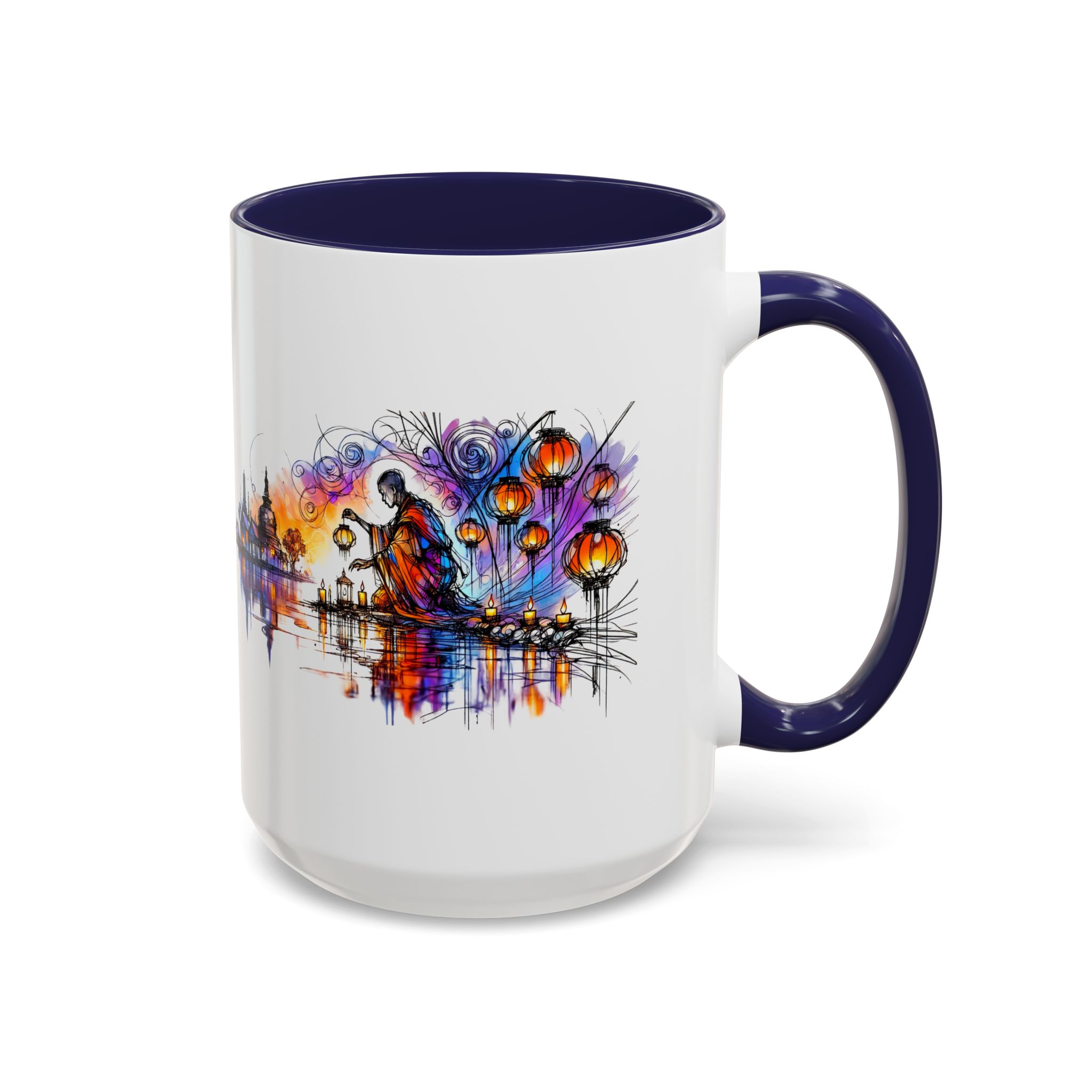 Artistic mug featuring a colorful design of lanterns and a figure by the water.
