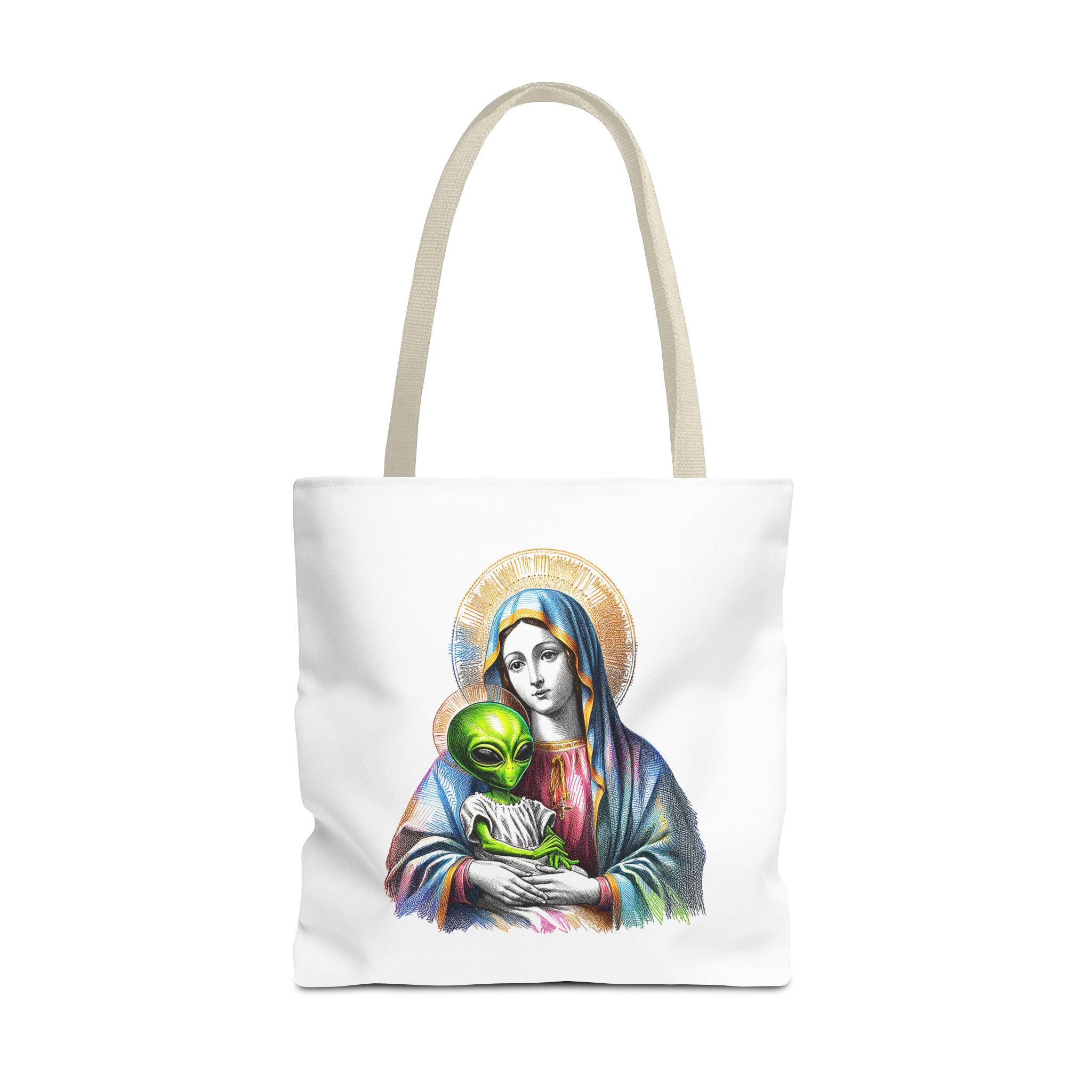 Satiric cute tote bag Boho shoulder bag Alien virgin mary retro shoulder bag fun gift religious design purse unique handbag – Image 23