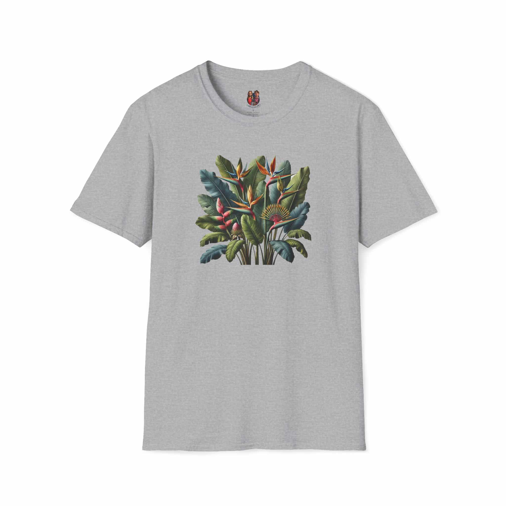Gray t-shirt featuring a colorful tropical plant design on the front.