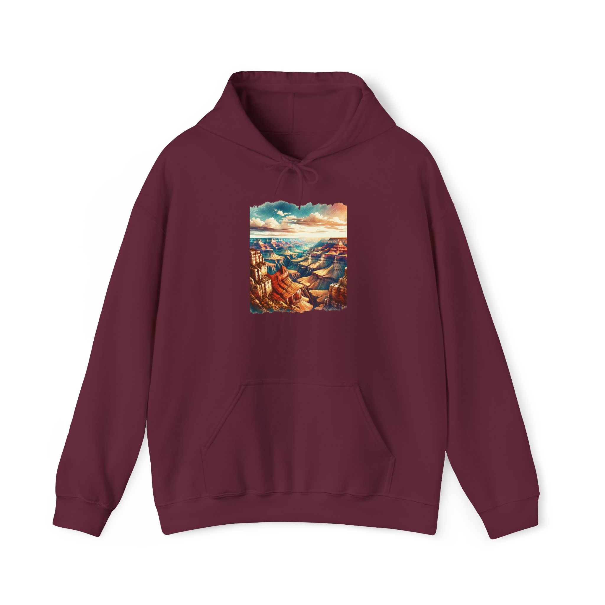 Maroon hoodie featuring a graphic of the Grand Canyon landscape on the front.