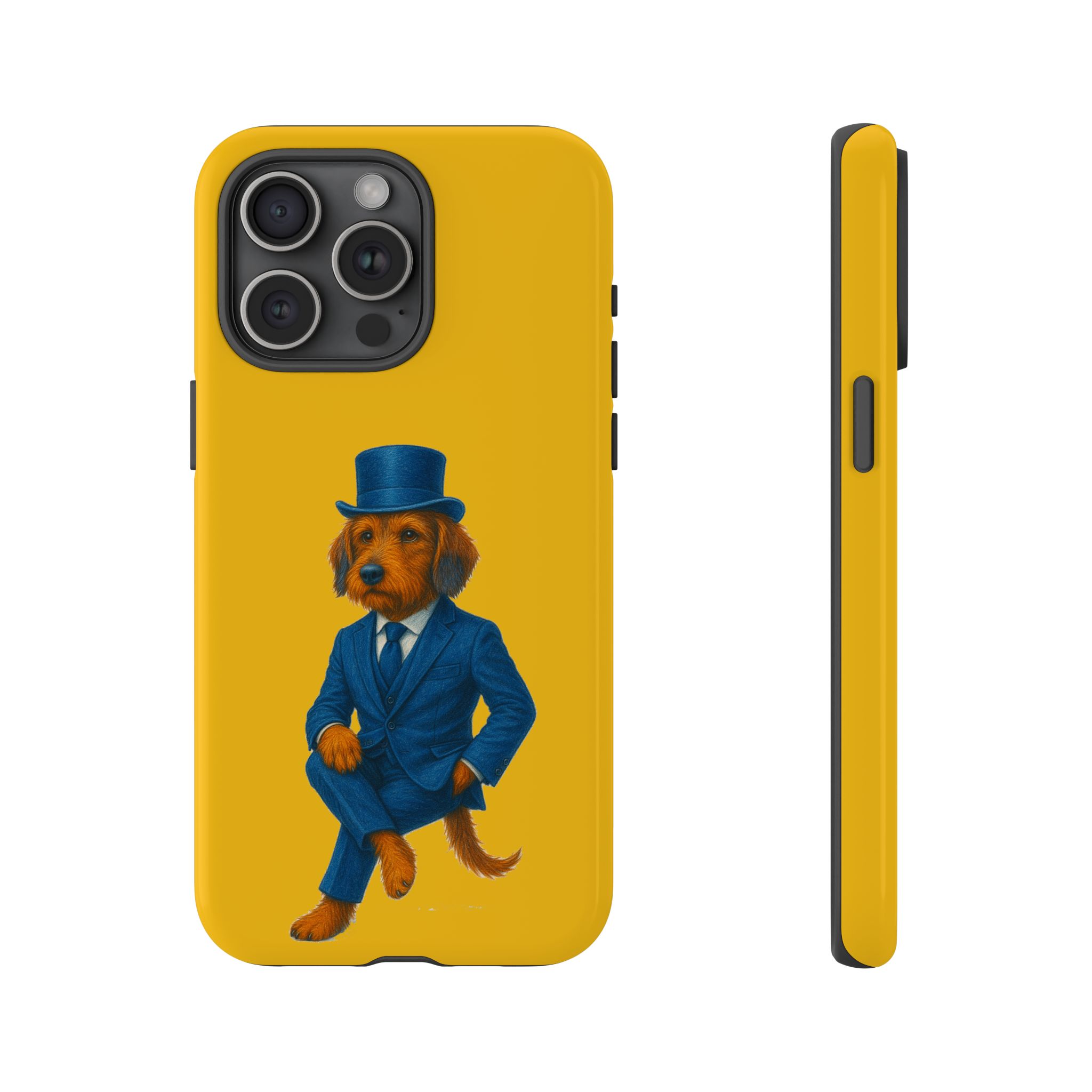 Phone case featuring a dog in a blue suit and top hat against a yellow background.