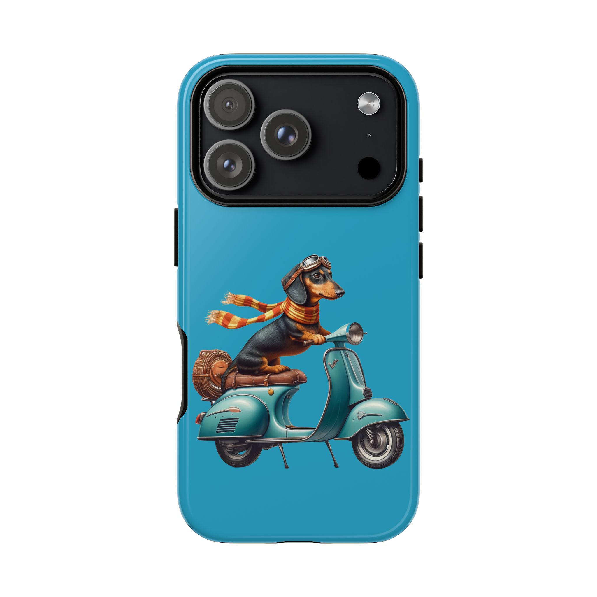 A phone case featuring a dachshund wearing goggles and a scarf riding a vintage scooter.