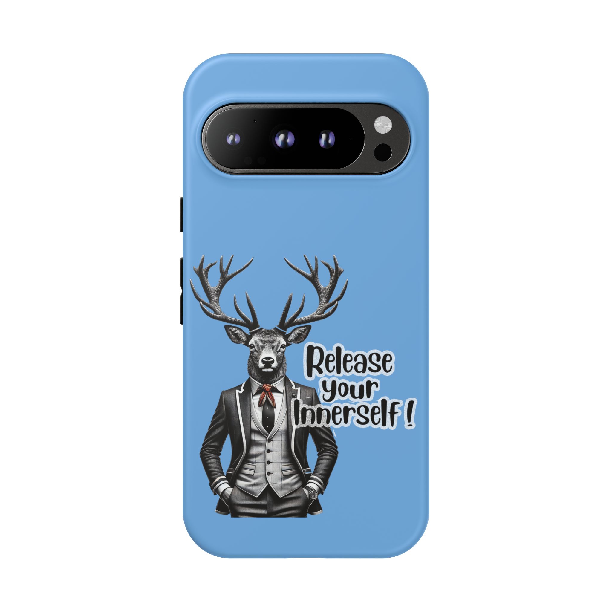 Blue phone case featuring a deer in a suit with the text 'Release your InnerSelf!'