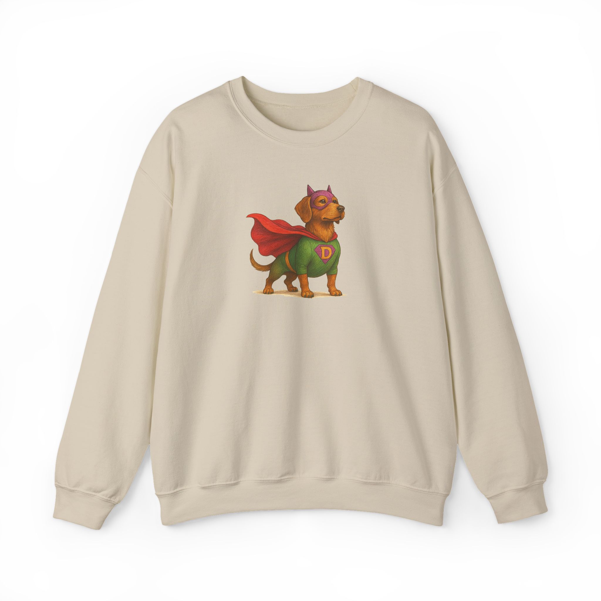 A beige sweatshirt featuring a cartoon dog dressed as a superhero with a cape and mask.