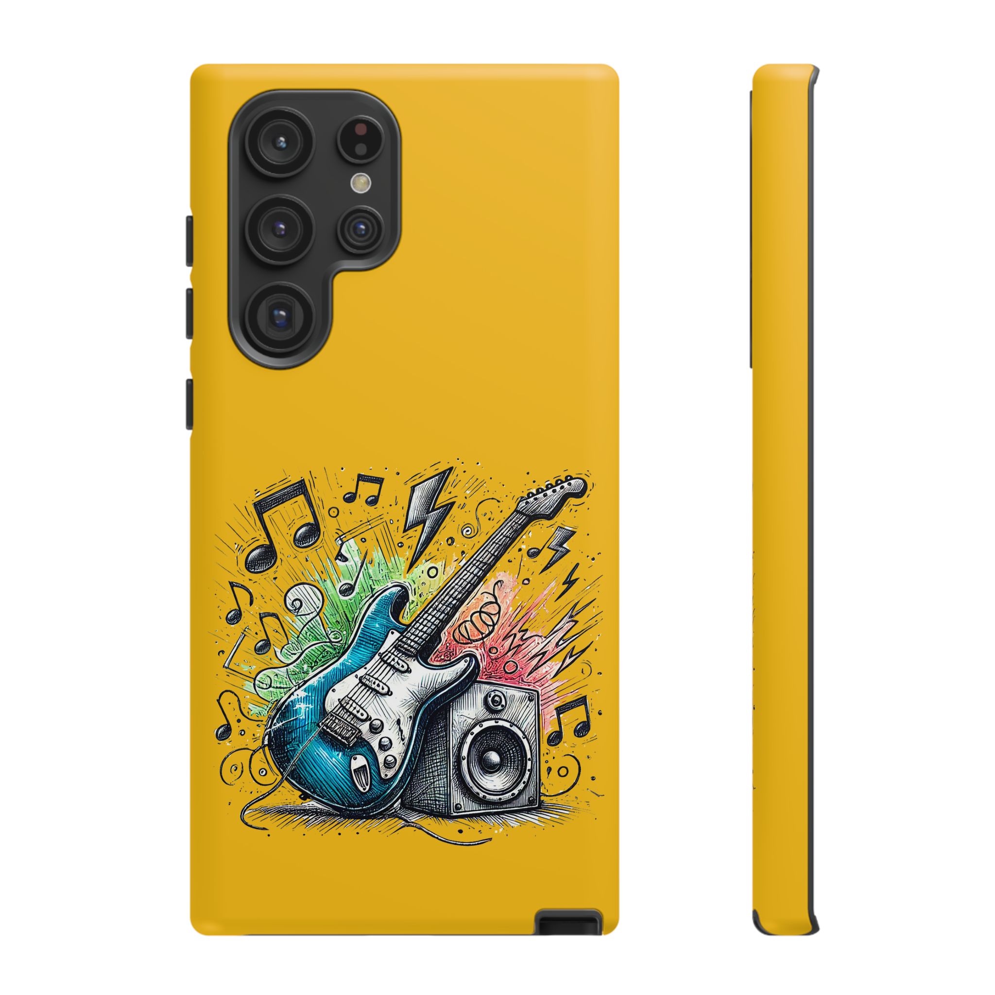 Yellow phone case with a graphic design of an electric guitar and speaker surrounded by musical notes.