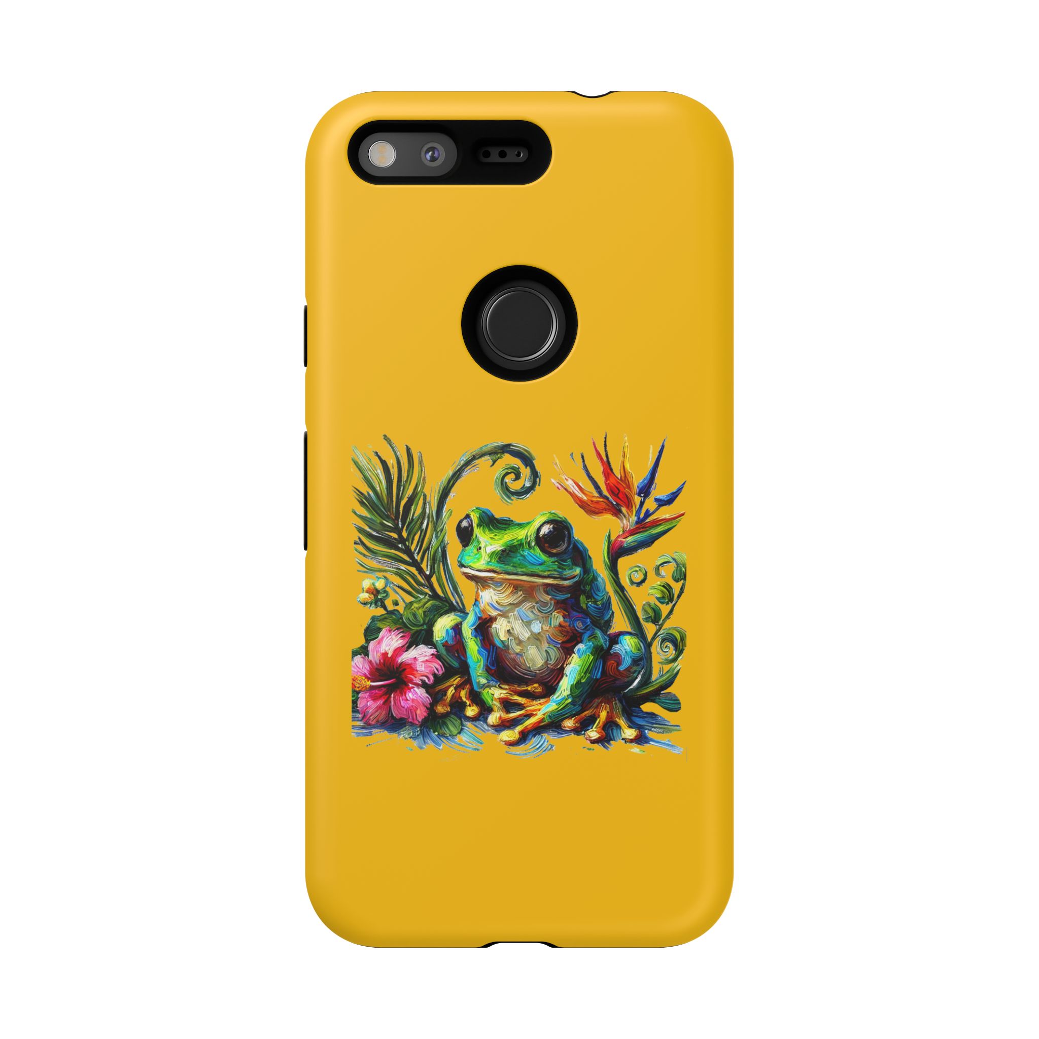 A vibrant phone case featuring a colorful frog surrounded by tropical flowers and leaves.