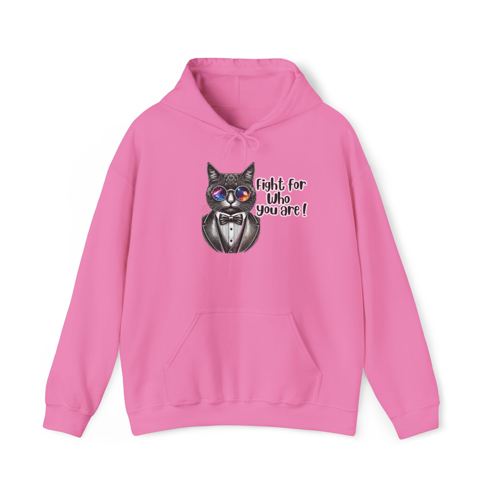 Pink hoodie featuring a cat in sunglasses and a tuxedo with the text 'fight for who you are!'