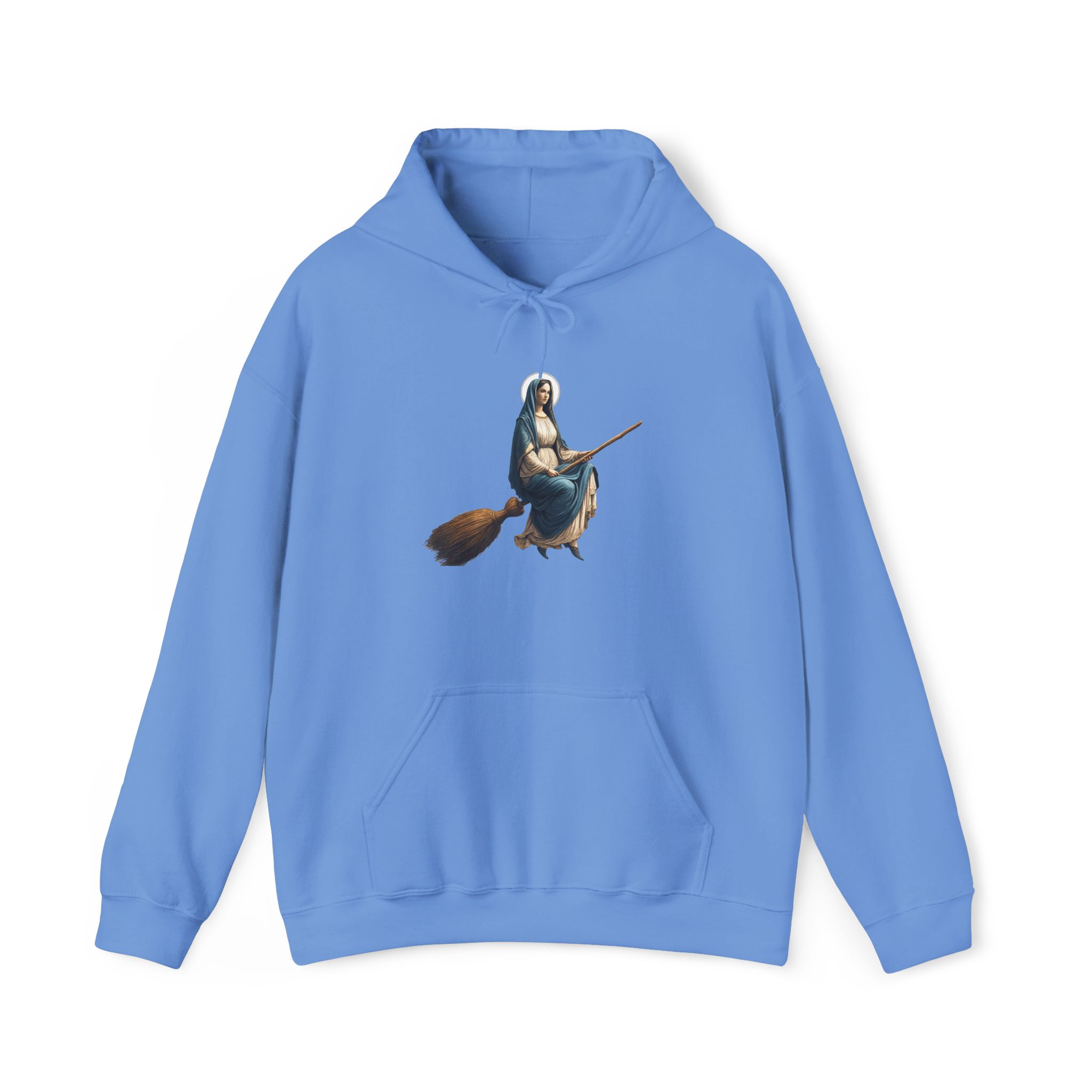 Light blue hoodie featuring a graphic of a witch flying on a broomstick.