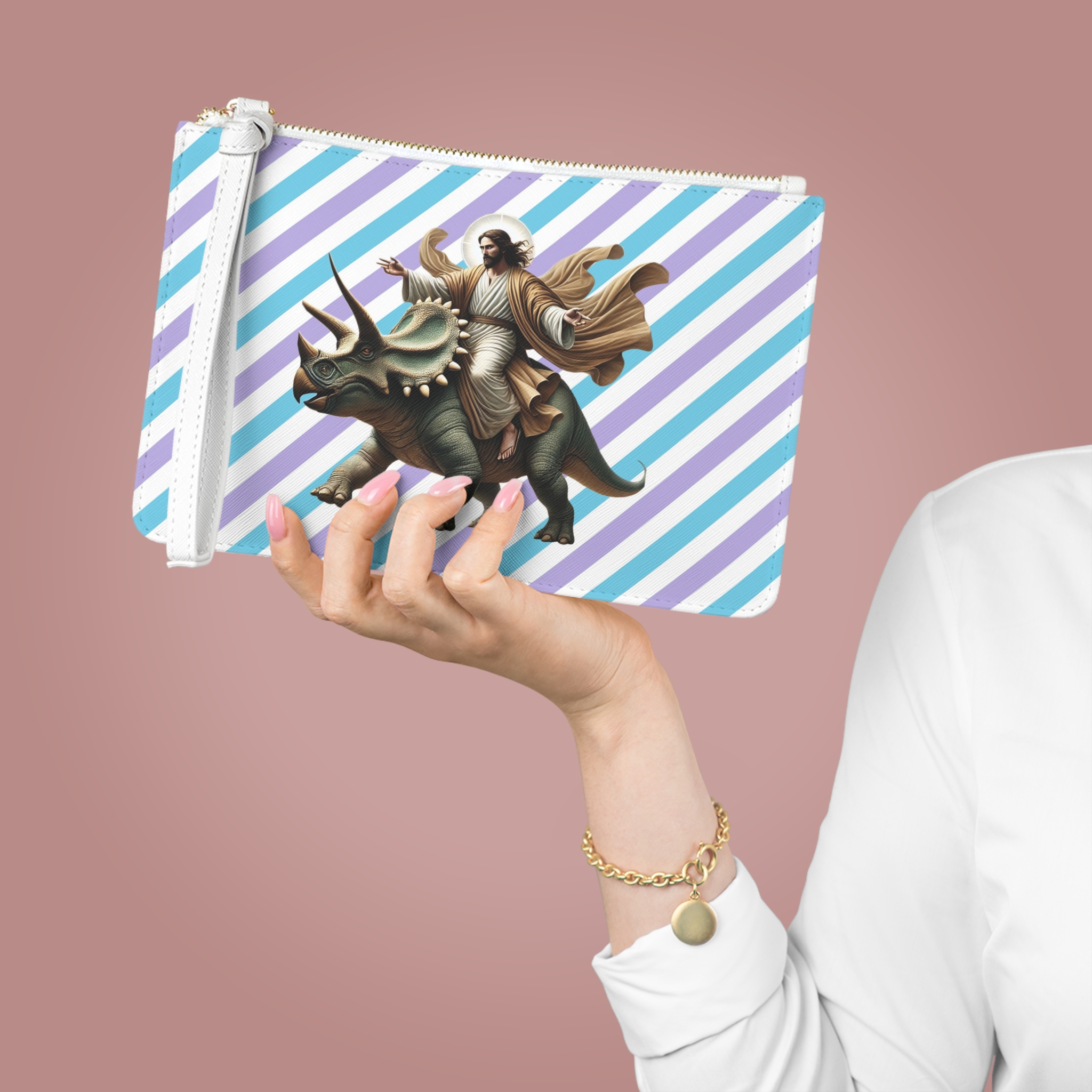 Fun Clutch bag jurassic boho clutch bag Jesus riding triceratops purse satiric purse religious design sarcastic evening bag unusual handbag
