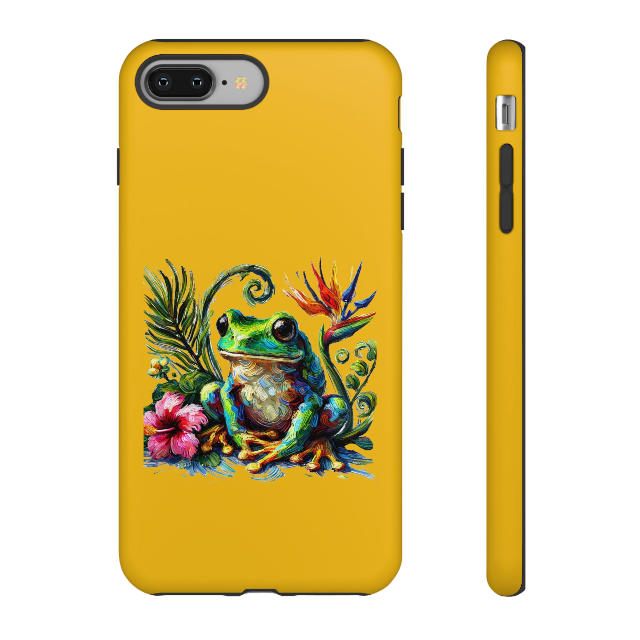 A vibrant phone case featuring a detailed illustration of a frog surrounded by tropical plants and flowers.
