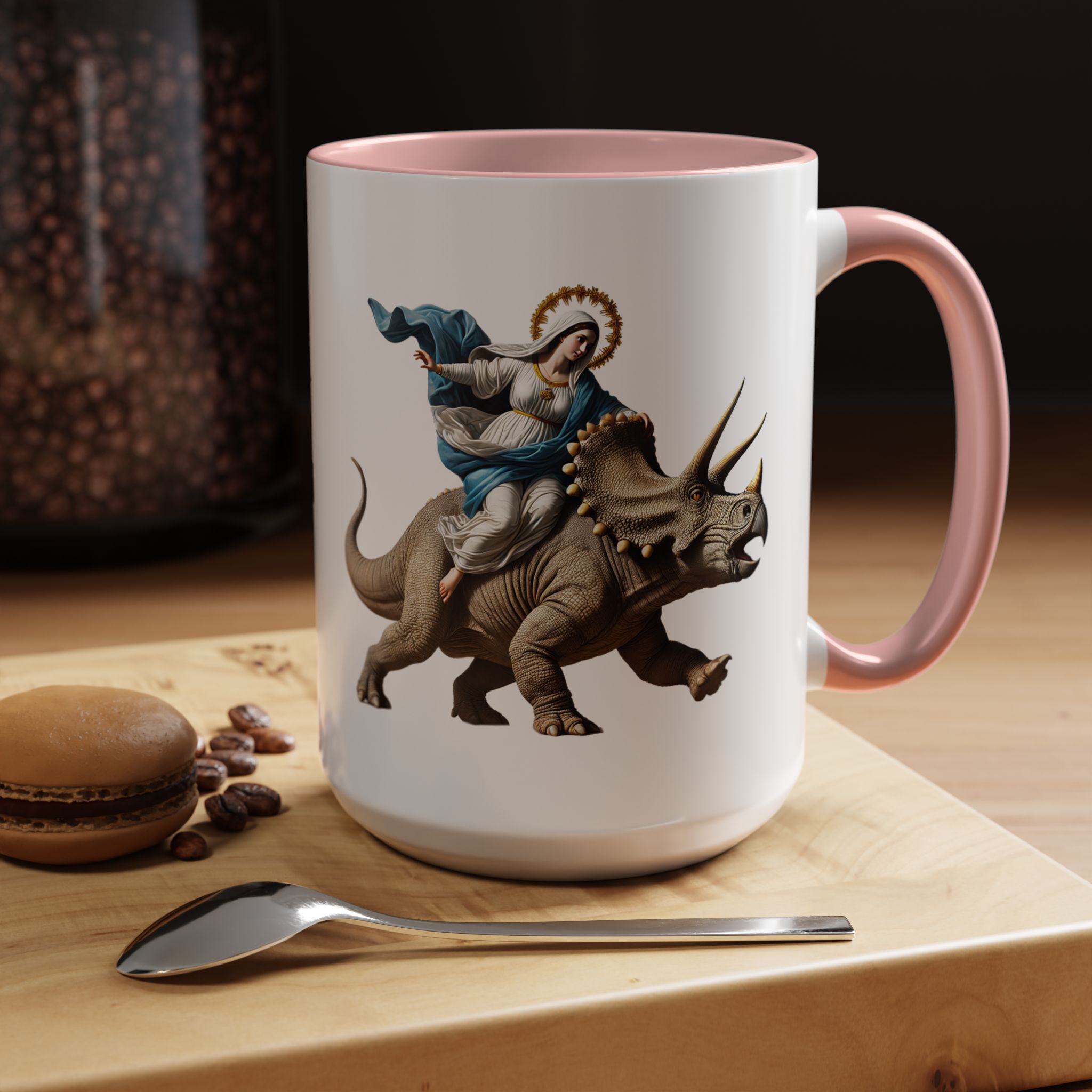 Sarcastic Coffee mug jurassic Virgin mary riding triceratops funny office mug boho gift tea cup cute accessory – Image 31