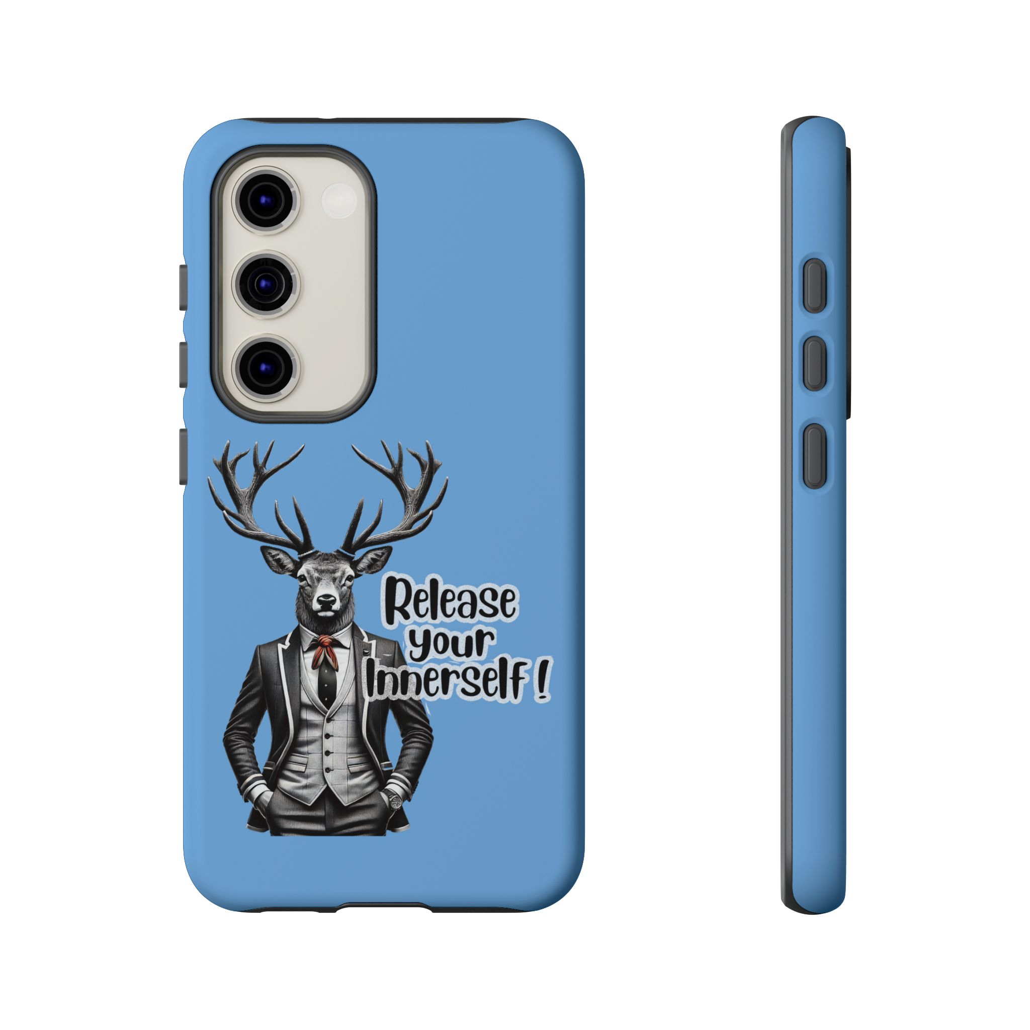 Blue phone case featuring a deer in a tuxedo with the text 'Release your Innerself'.