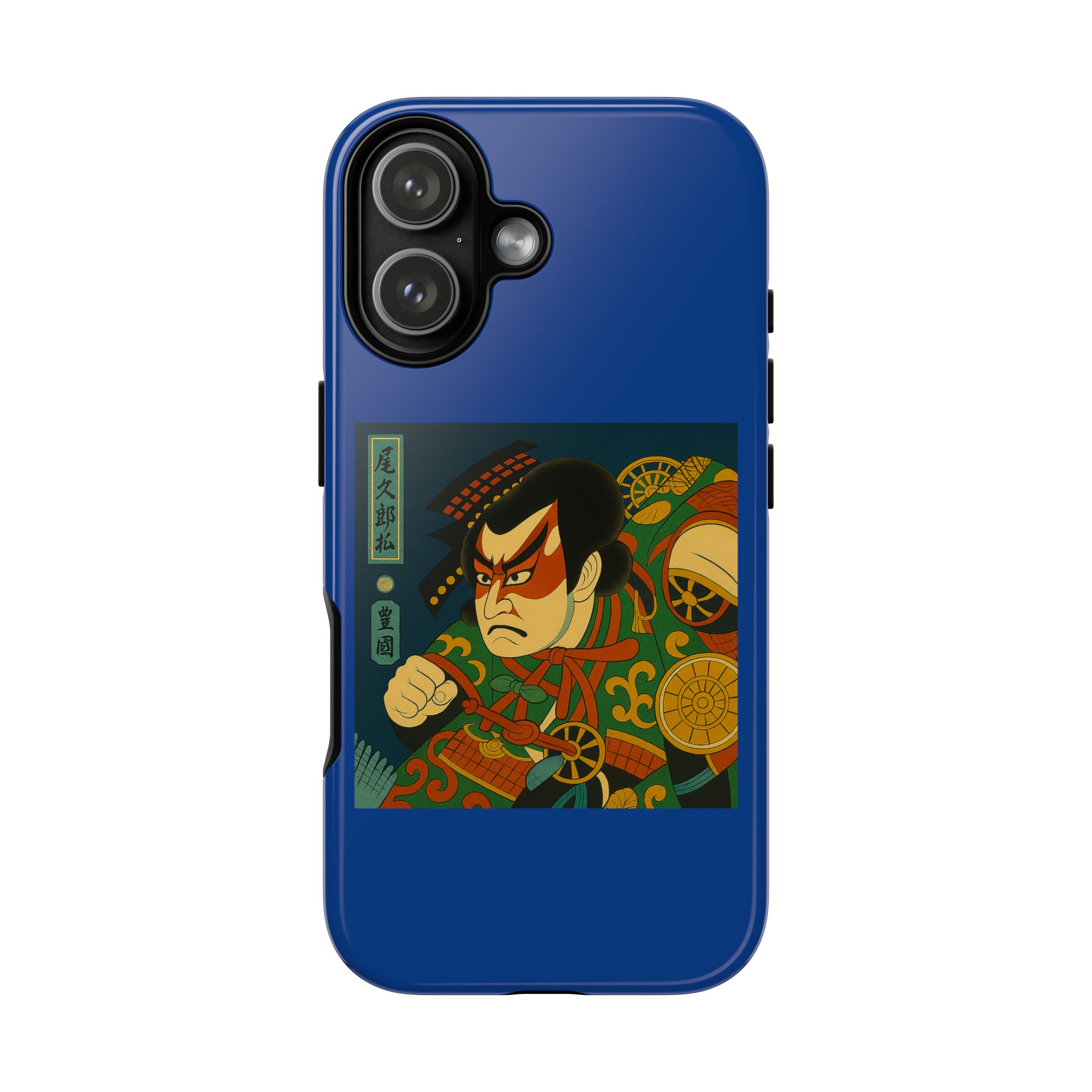 Blue phone case featuring traditional Japanese artwork of a warrior with a fierce expression.