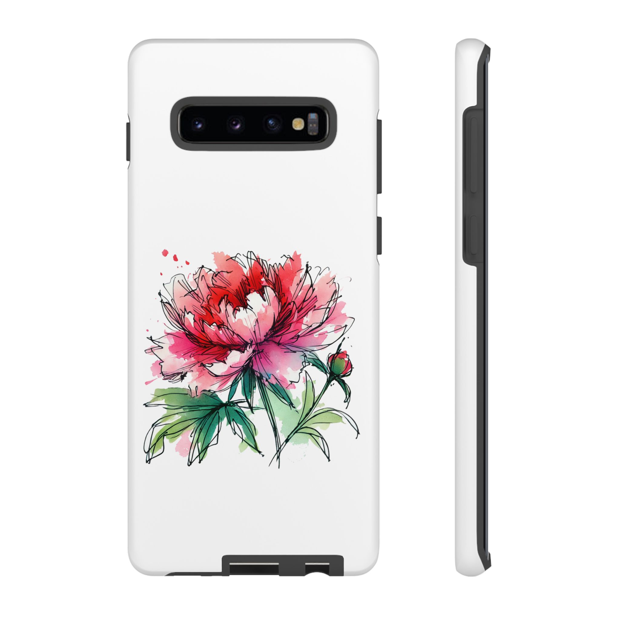 Phone case featuring a colorful peony flower illustration in pink and green on a white background.