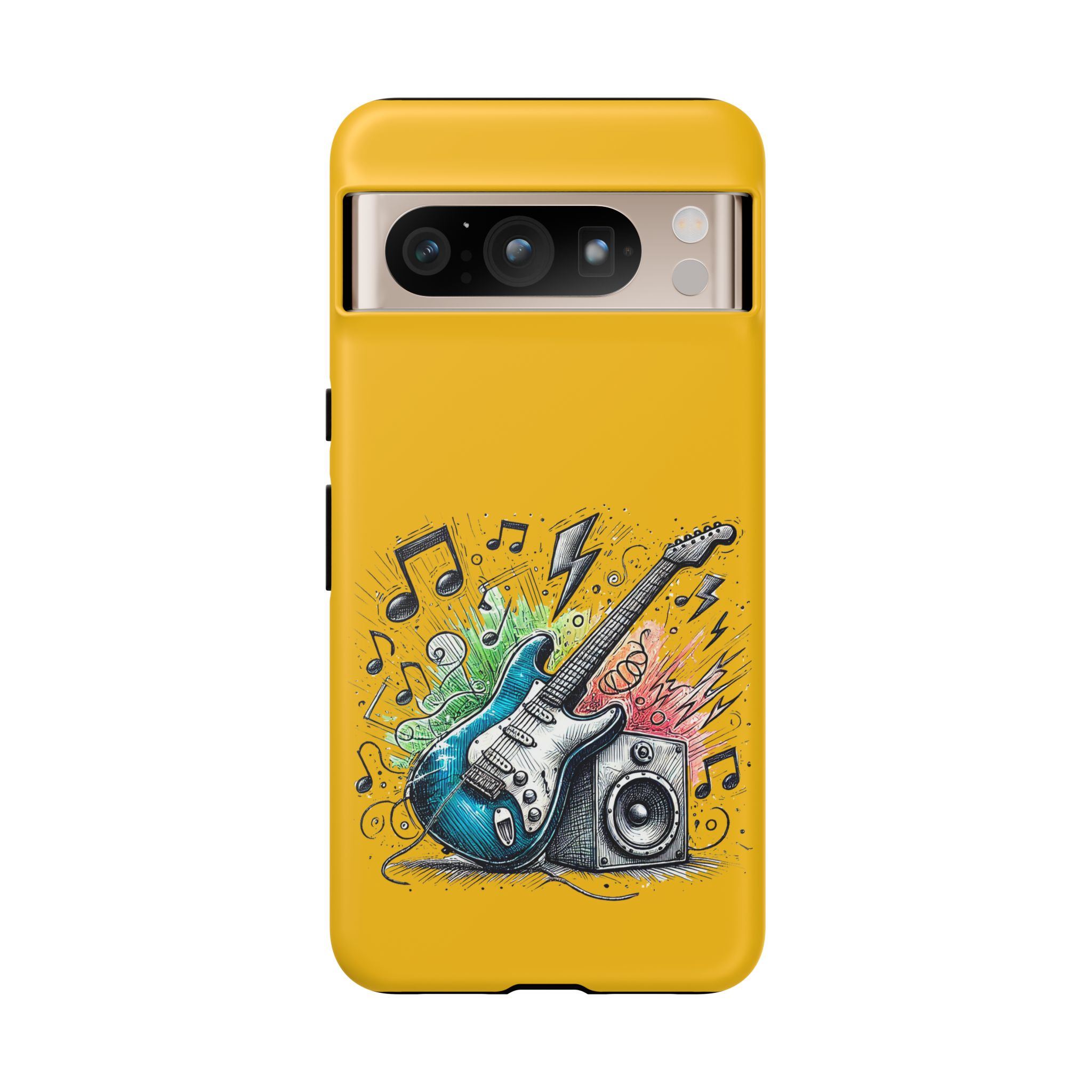 Yellow phone case featuring a graphic of an electric guitar, music notes, and sound waves.