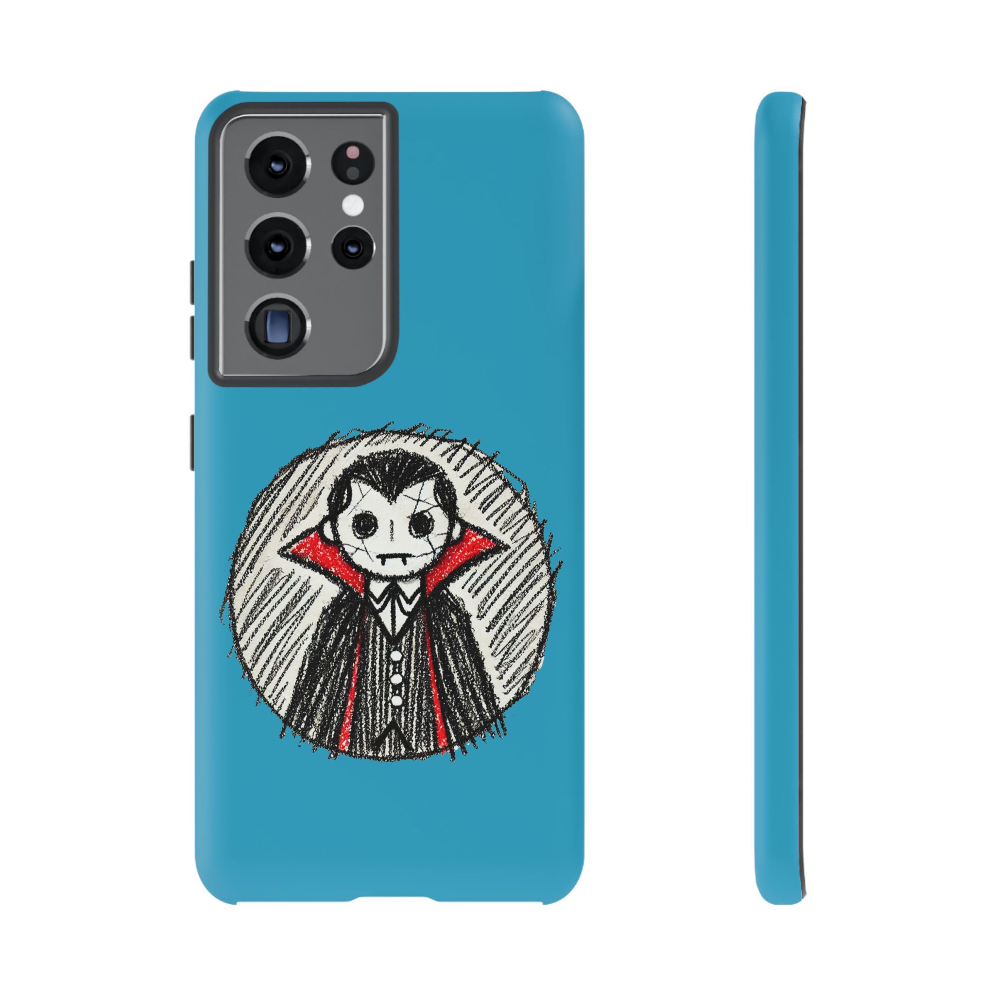 Blue phone case featuring a cartoon character in a red cape and black suit with a round sketch design.