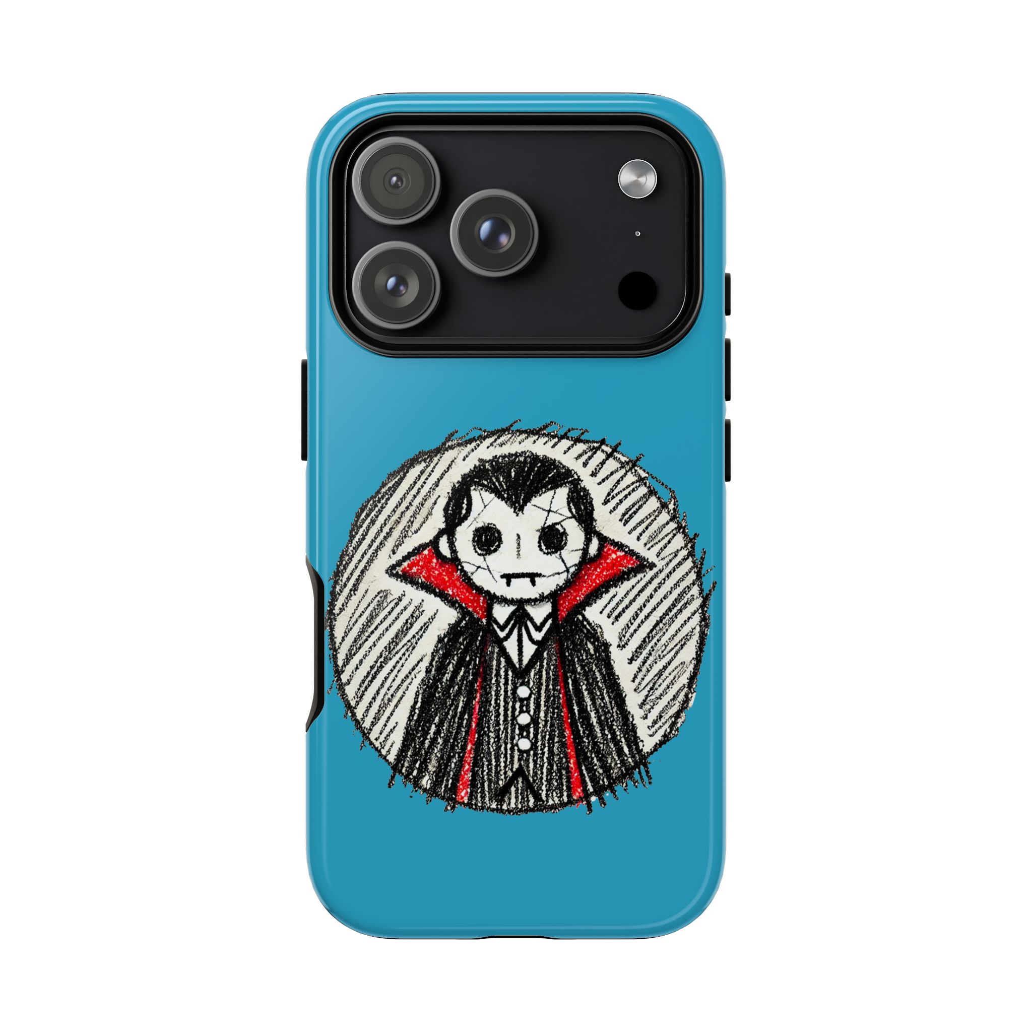 Phone case featuring a cartoon vampire character with a red cape and a blue background.