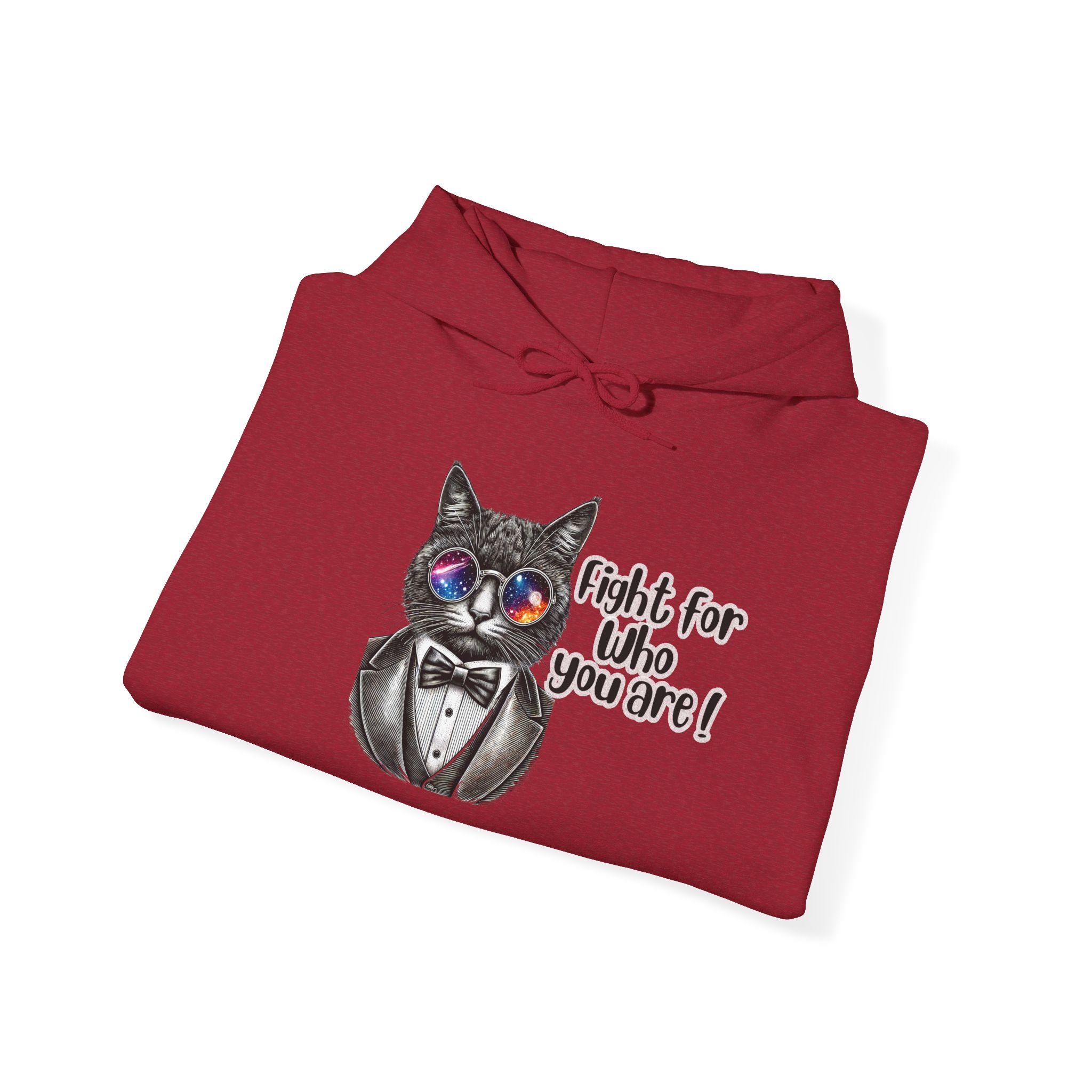 Red hoodie featuring a cat in a tuxedo with sunglasses and the text 'Fight for Who You Are!'