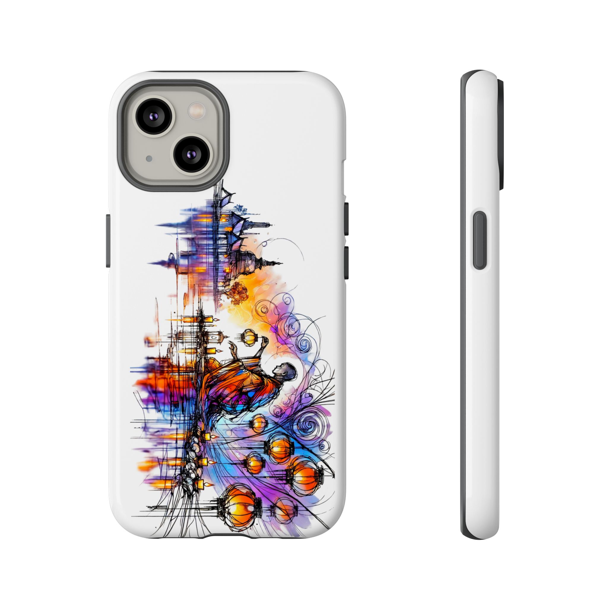 Colorful artistic phone case design featuring abstract shapes and a figure in a vibrant setting.