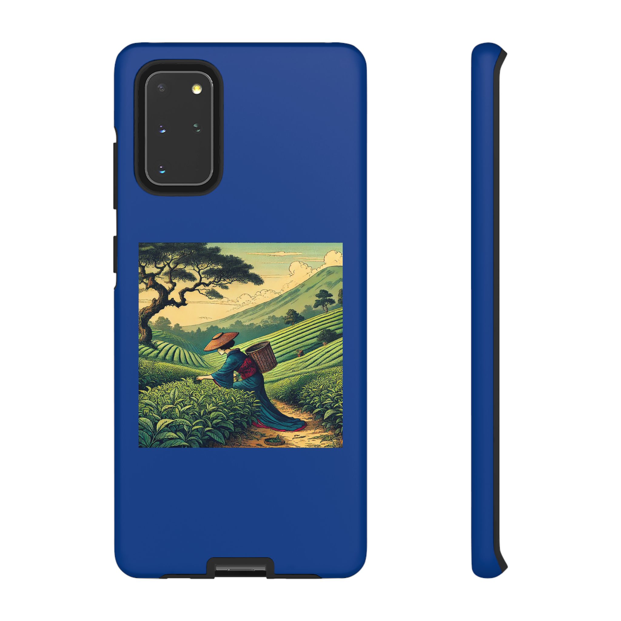 Blue phone case featuring an illustration of a tea farmer walking through a field.
