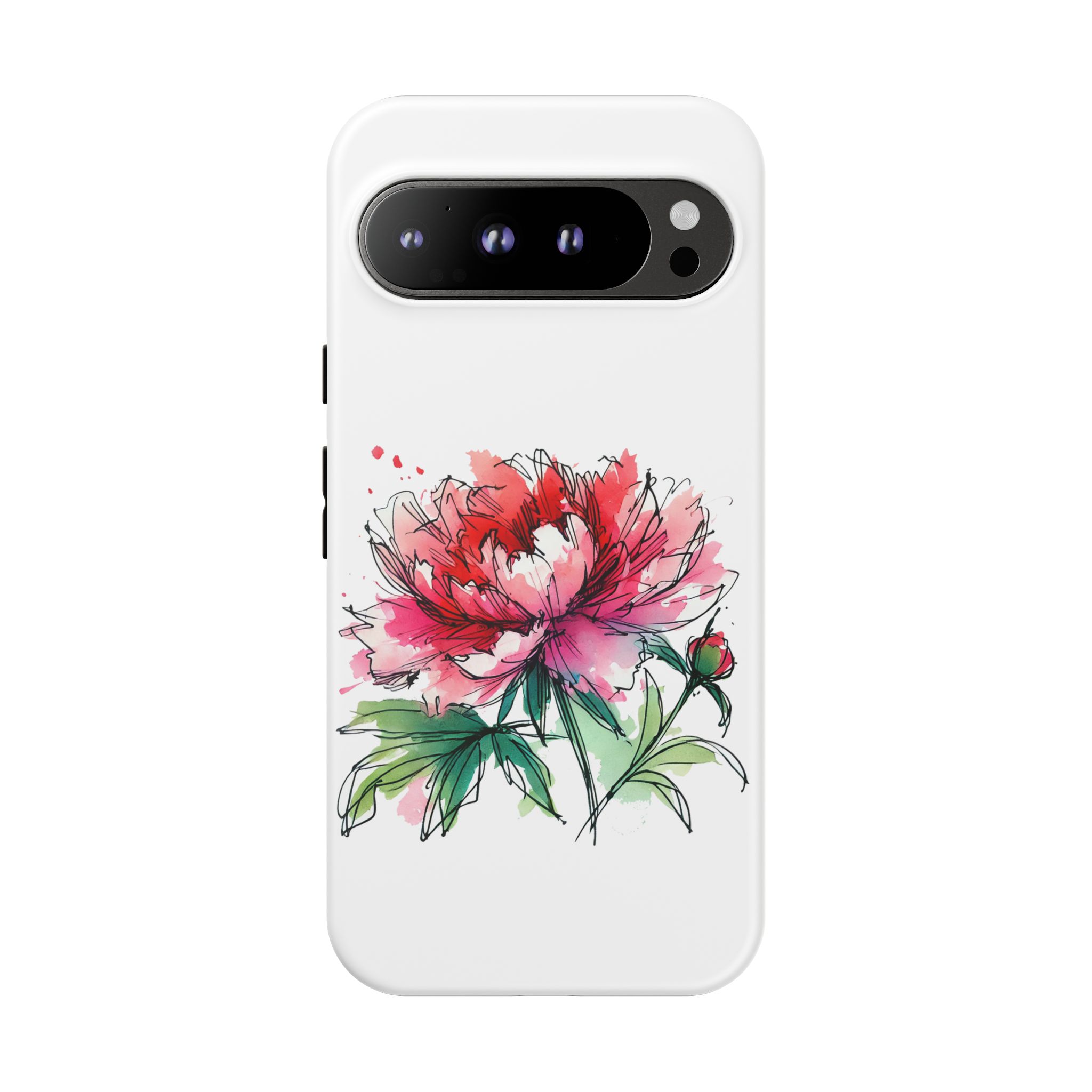 Phone case featuring a colorful peony flower illustration with green leaves.