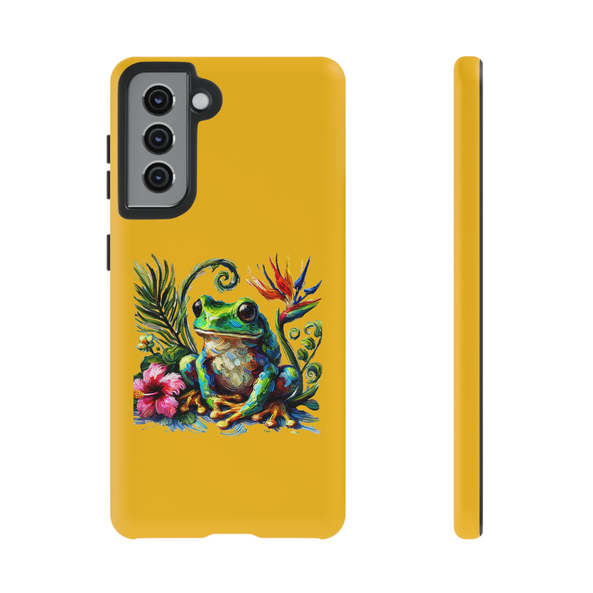 Yellow phone case featuring a colorful frog illustration surrounded by tropical flowers and leaves.