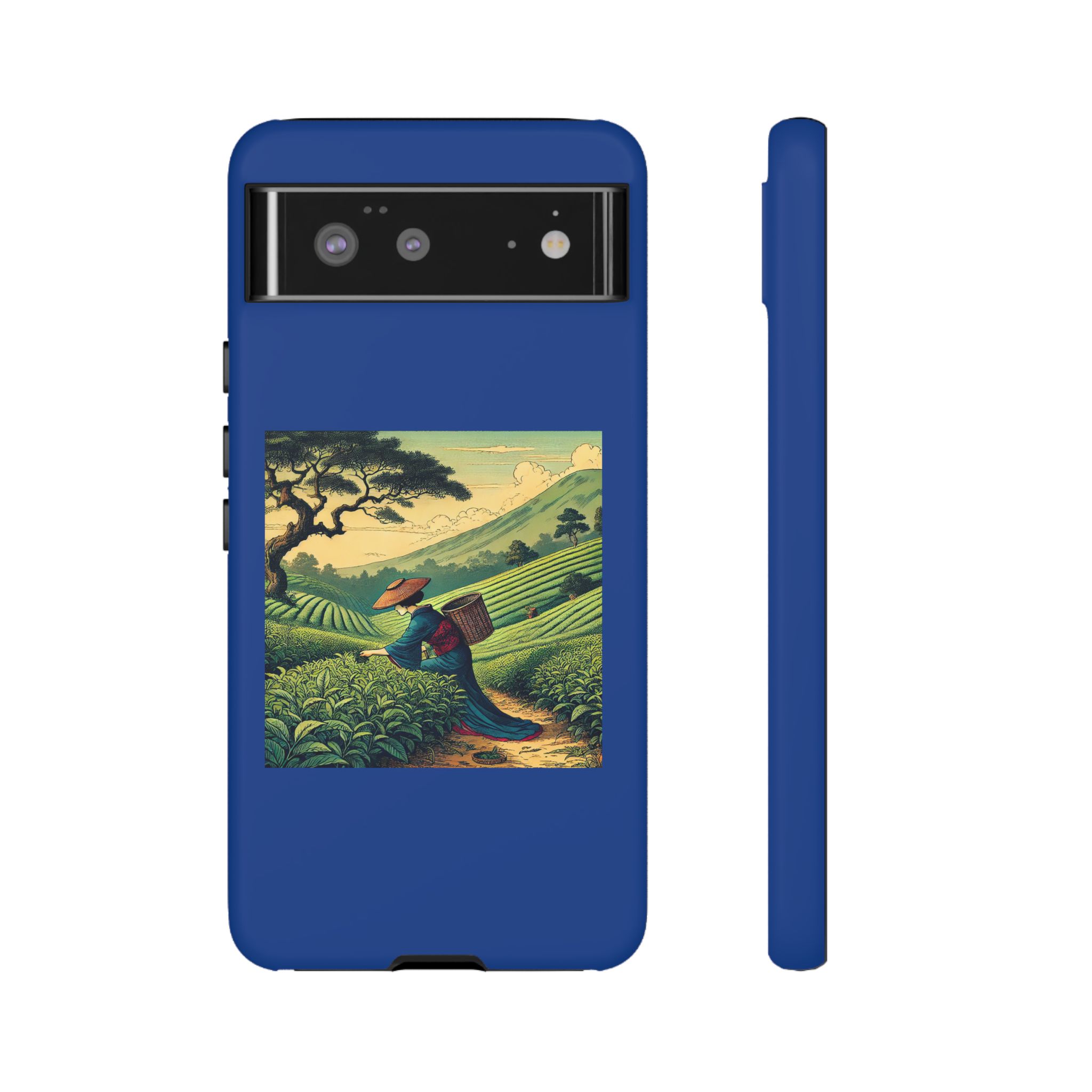 Blue phone case featuring a vintage-style artwork of a person carrying a basket in a tea plantation.