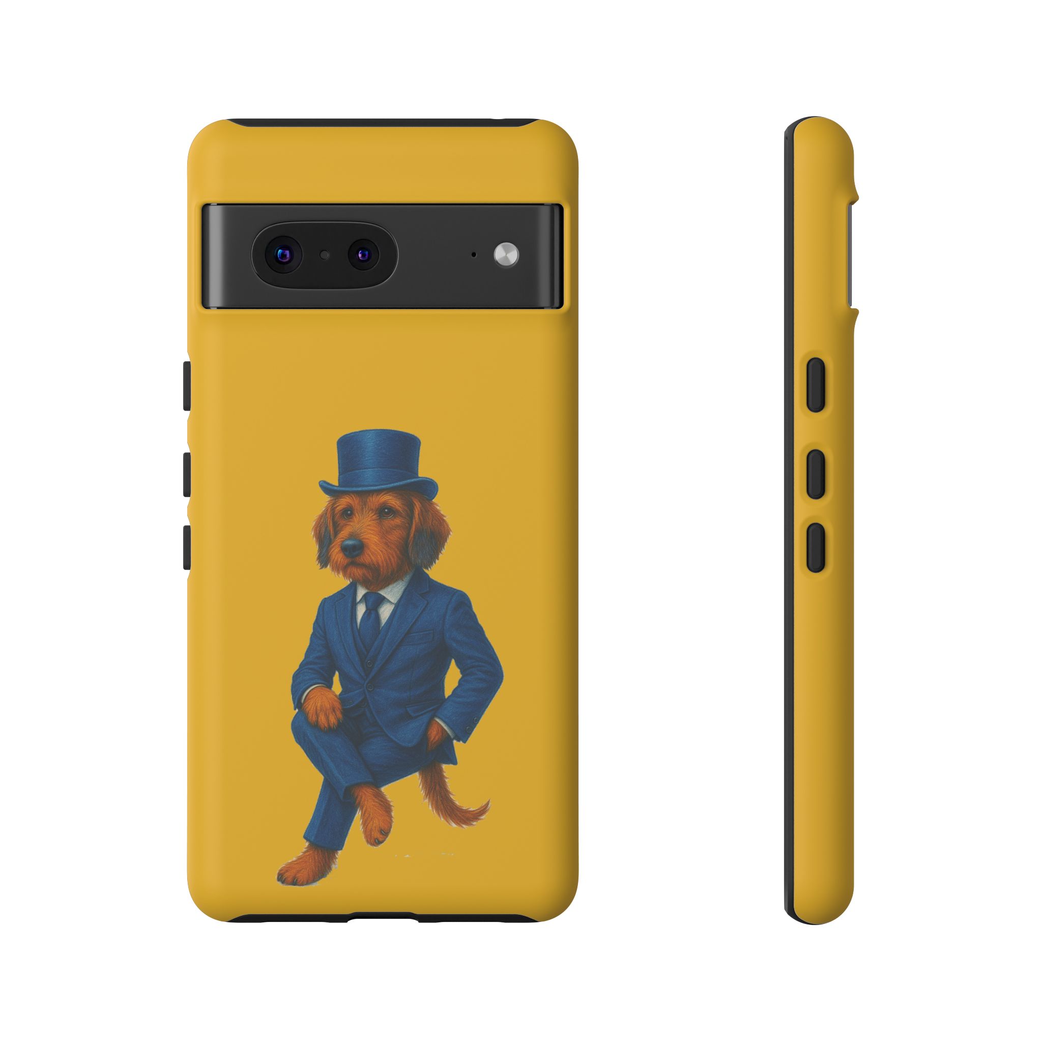 Phone case featuring a dog dressed in a suit and top hat against a yellow background.