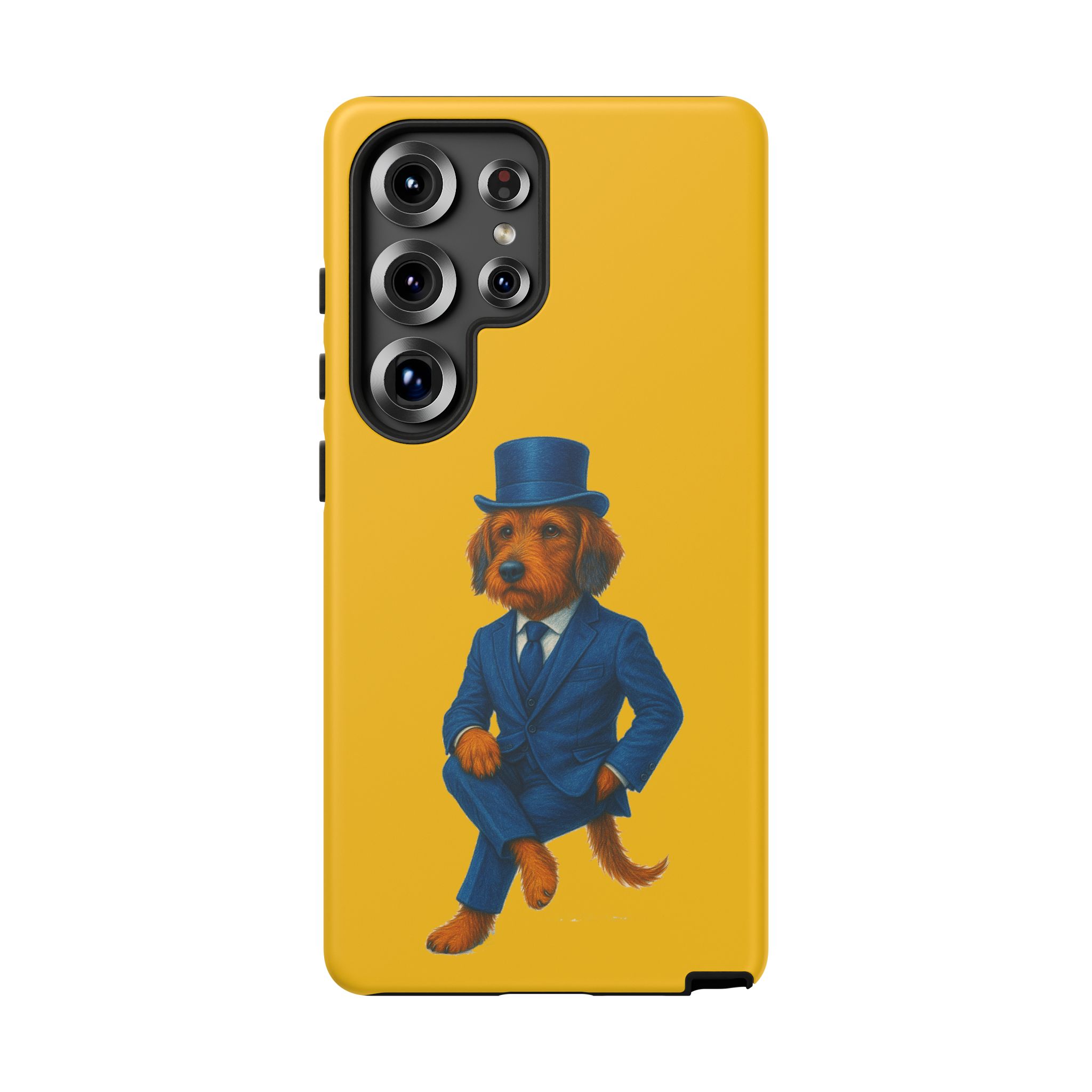 A phone case featuring an illustration of a dog in a blue suit and top hat against a yellow background.