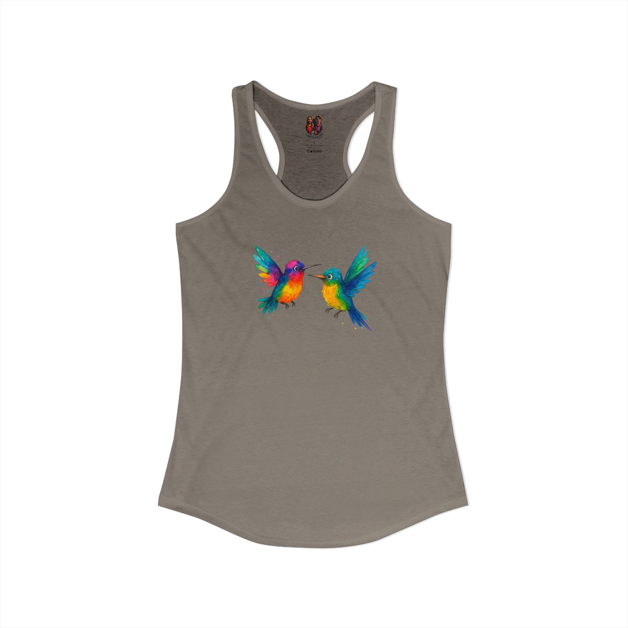 Tank top featuring a colorful graphic of two hummingbirds in vibrant colors.