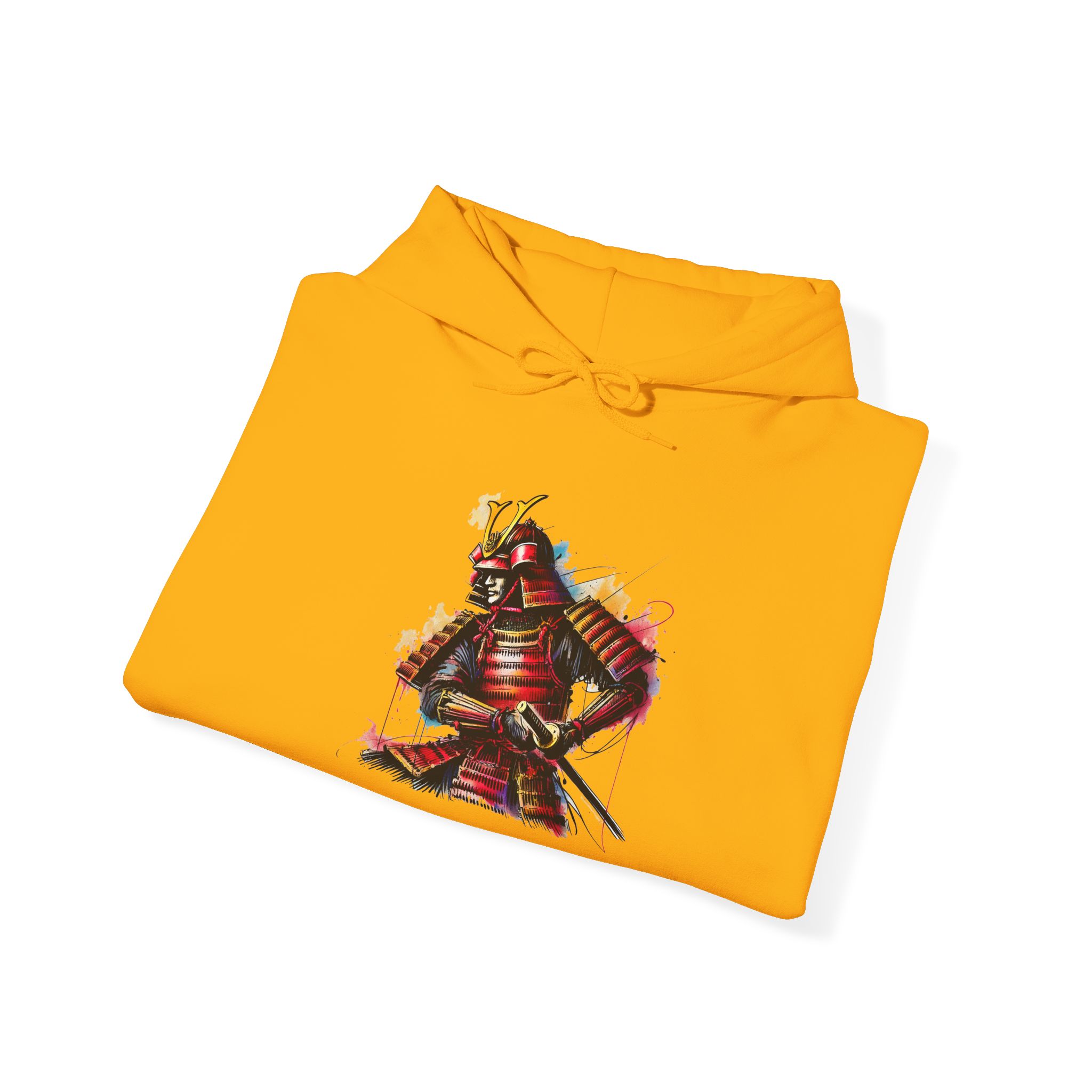 Yellow hoodie featuring a graphic of a samurai warrior with a sword.