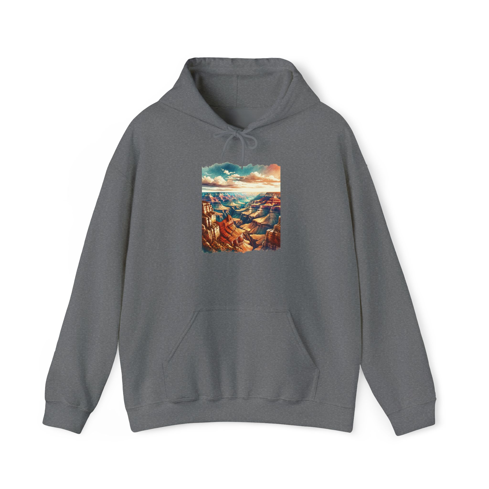Gray hoodie featuring a graphic of the Grand Canyon landscape on the front.