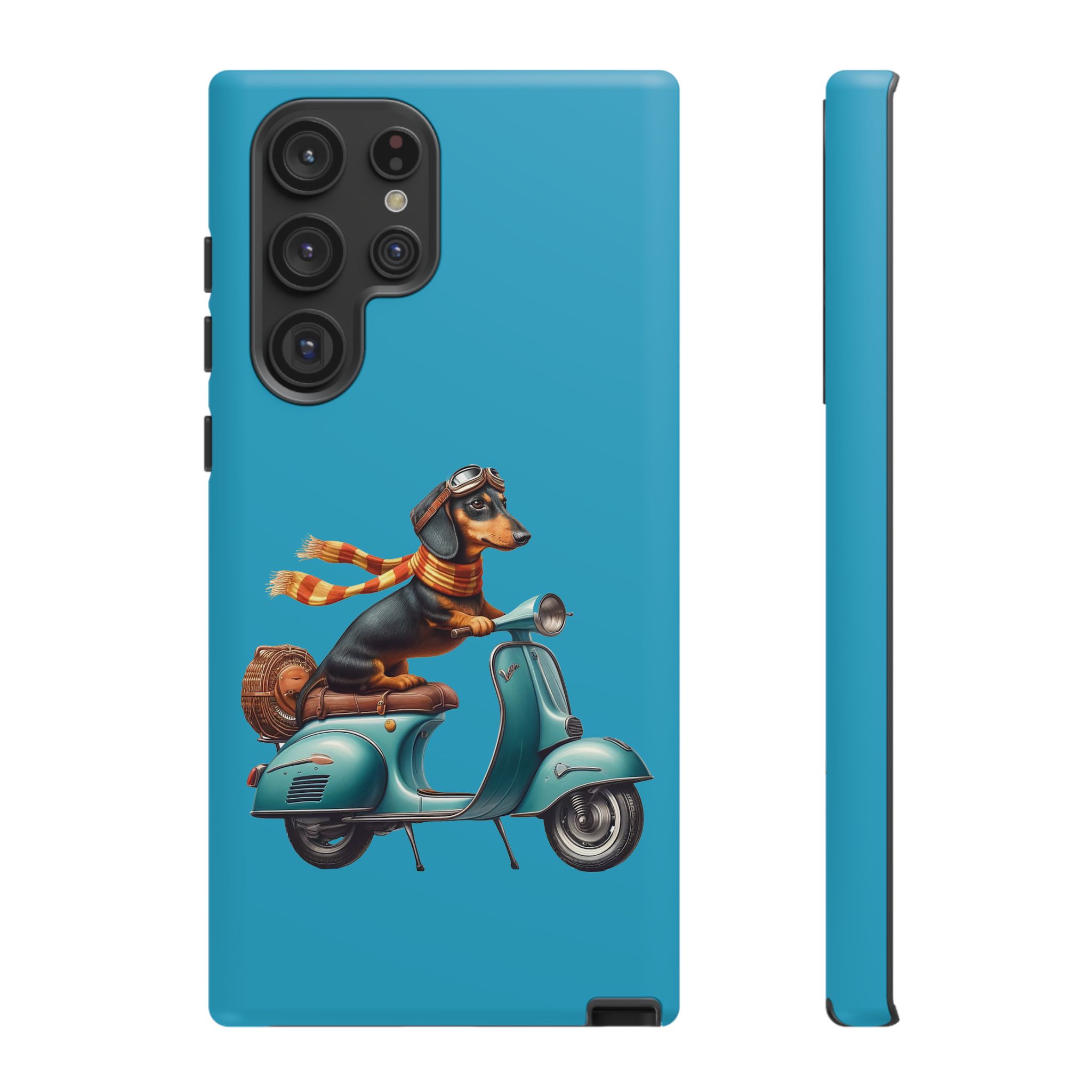 A phone case featuring a dachshund wearing goggles and a scarf riding a vintage scooter.