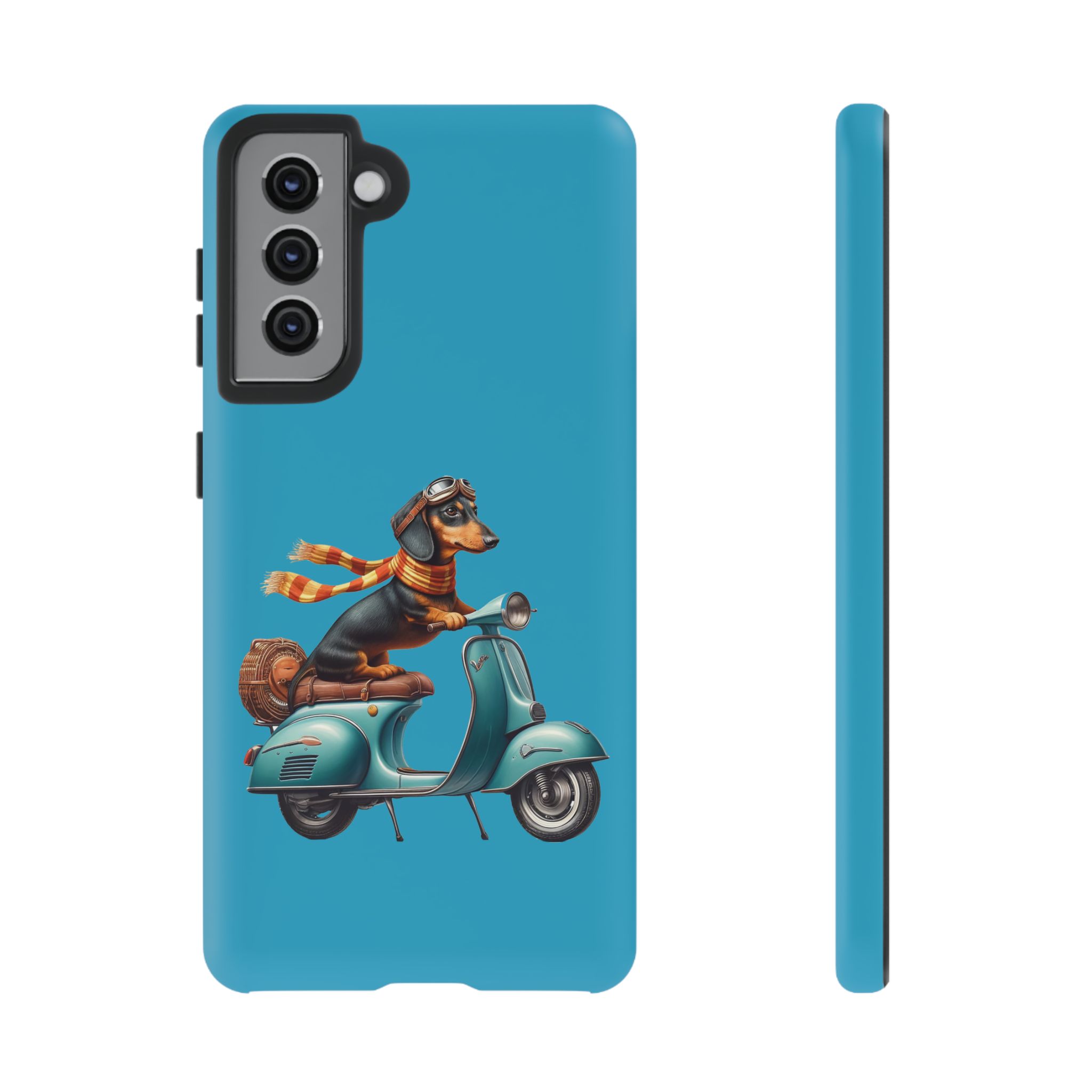 Dachshund wearing goggles and a scarf riding a blue scooter on a phone case.