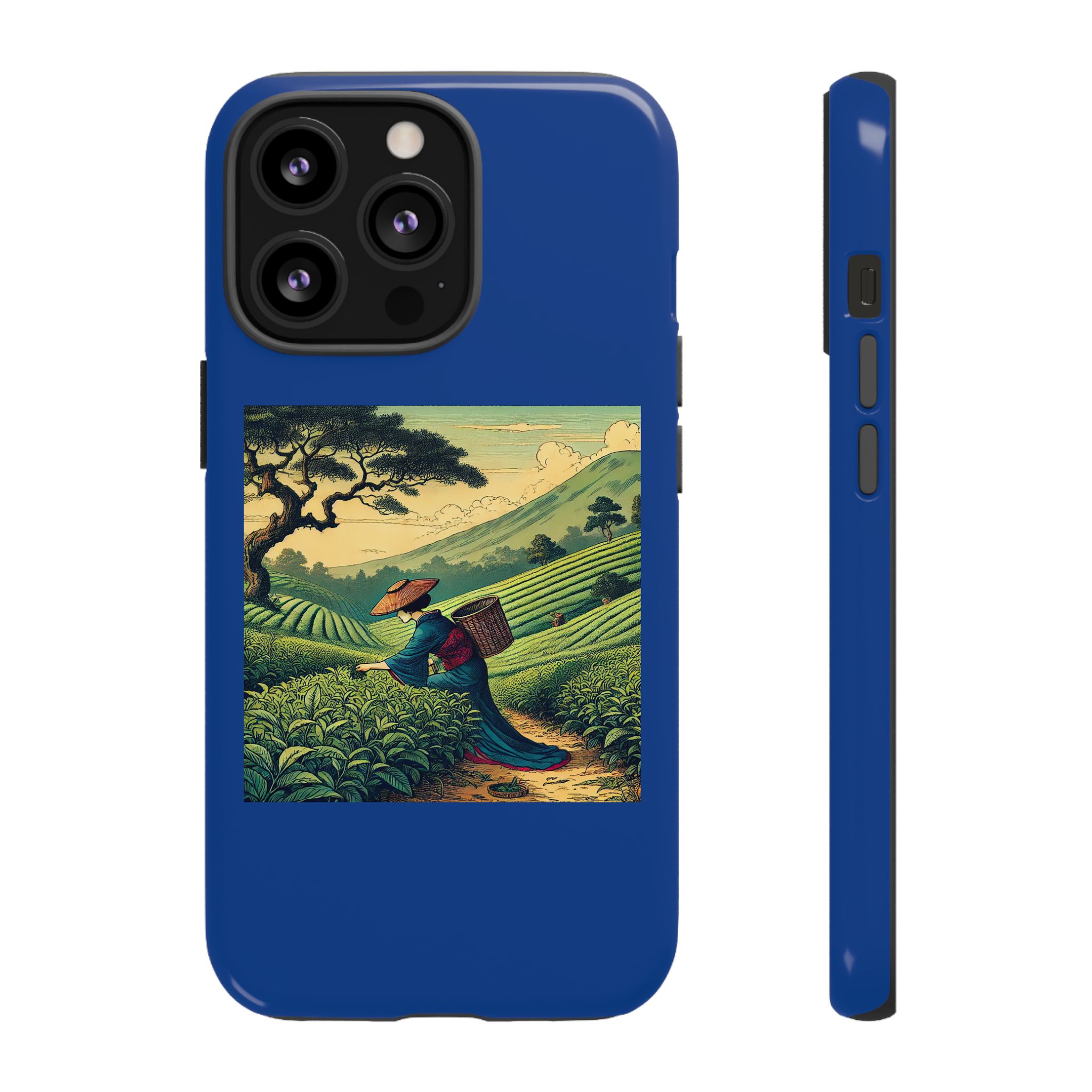 Blue phone case featuring an illustration of a person carrying a basket in a tea field landscape.