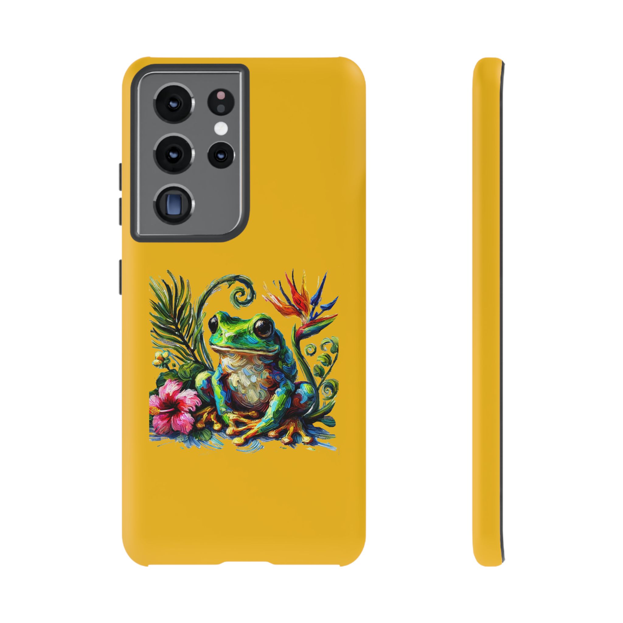 Yellow phone case featuring a colorful frog and floral elements with a bird design.