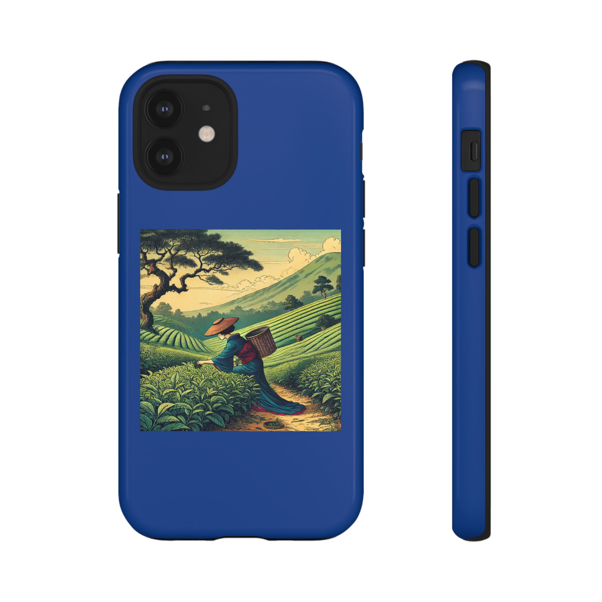 Blue phone case featuring an illustration of a person working in a tea field with mountains in the background.