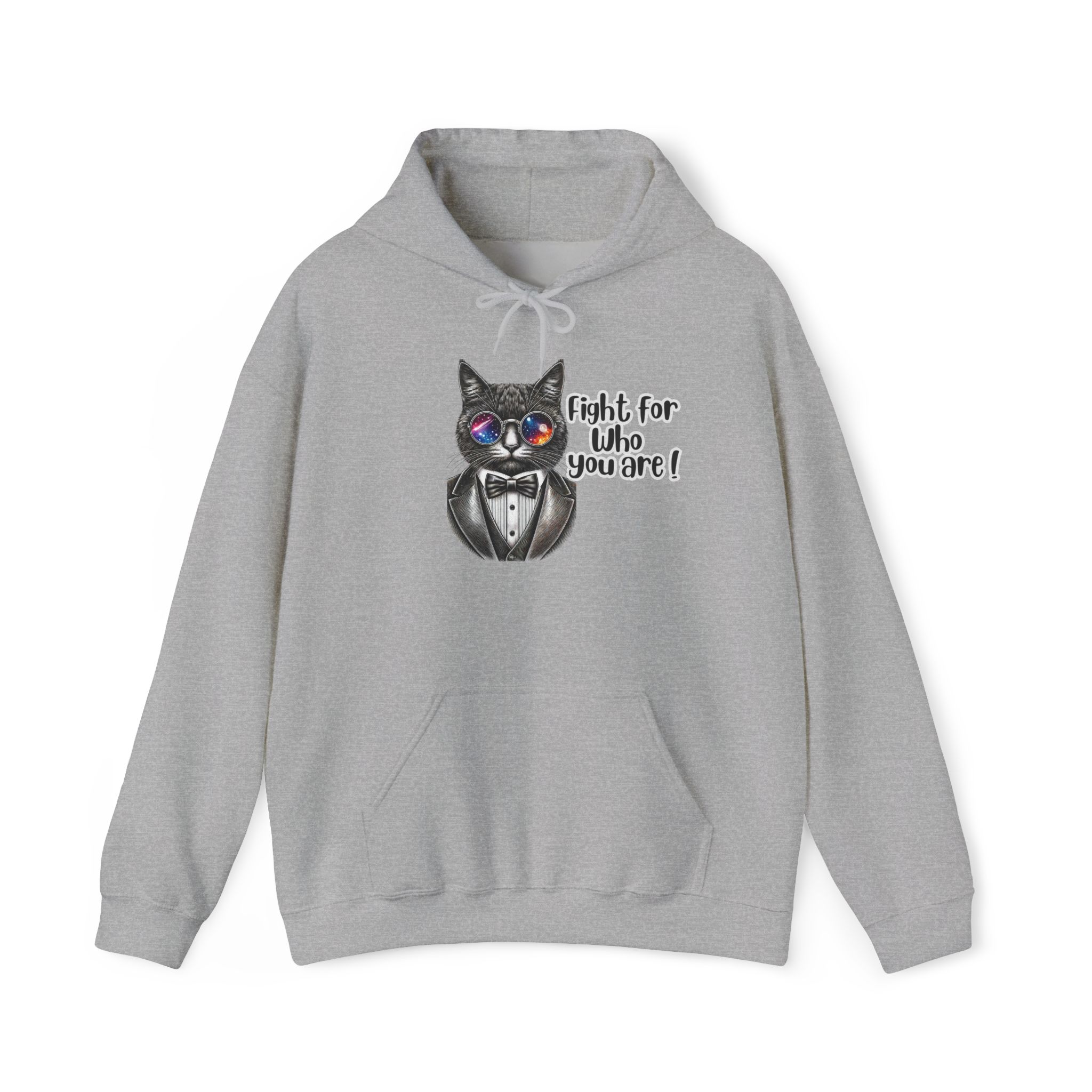 Gray hoodie featuring a cat in a tuxedo with colorful glasses and the text 'fight for who you are!'