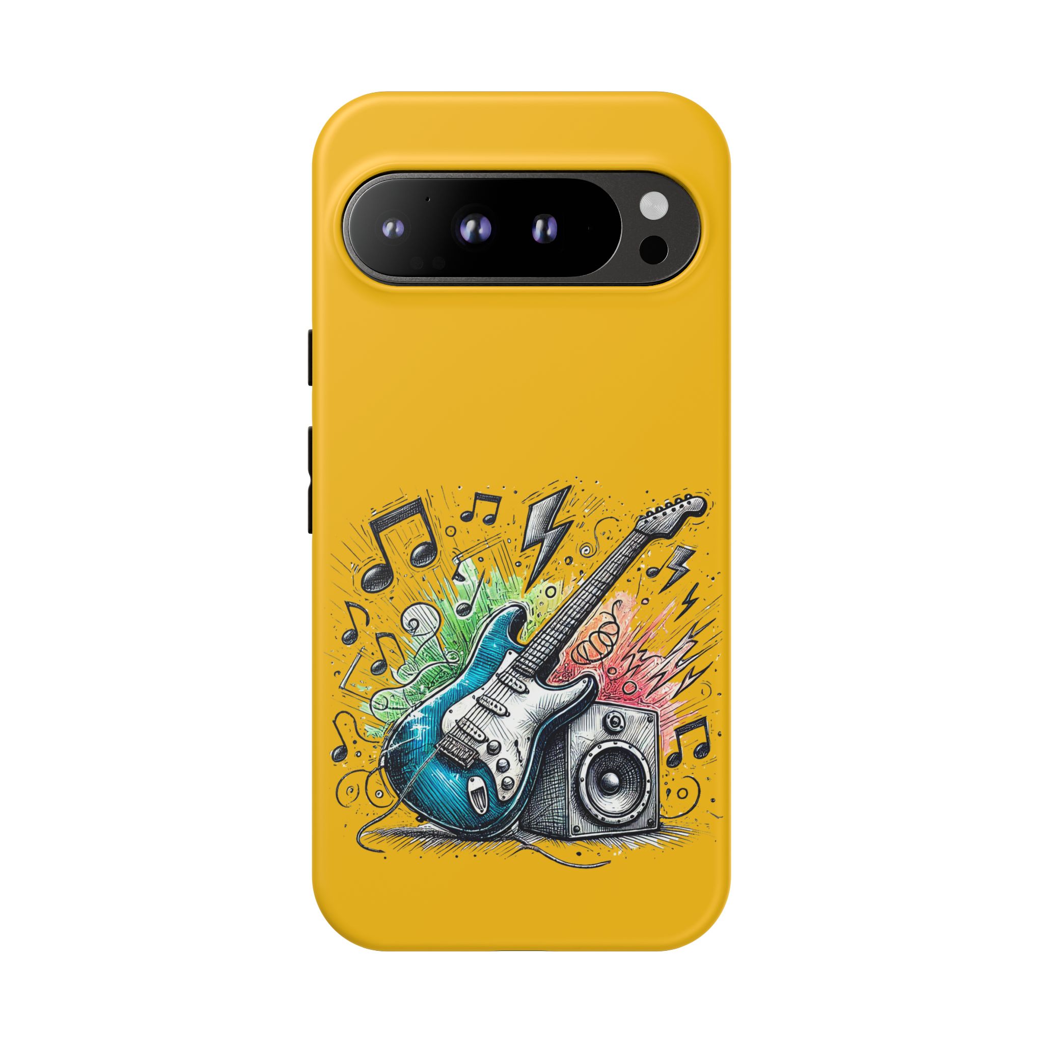 Yellow phone case featuring a graphic of an electric guitar and speaker with musical notes.