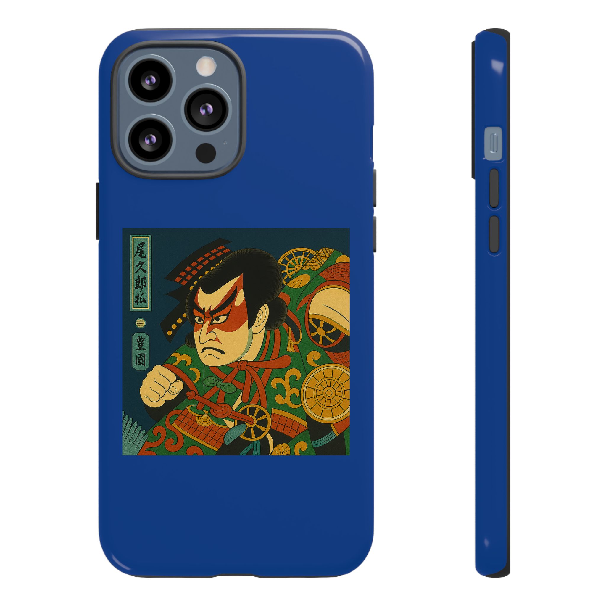 Blue phone case featuring traditional Japanese artwork of a samurai with bold colors and intricate designs.
