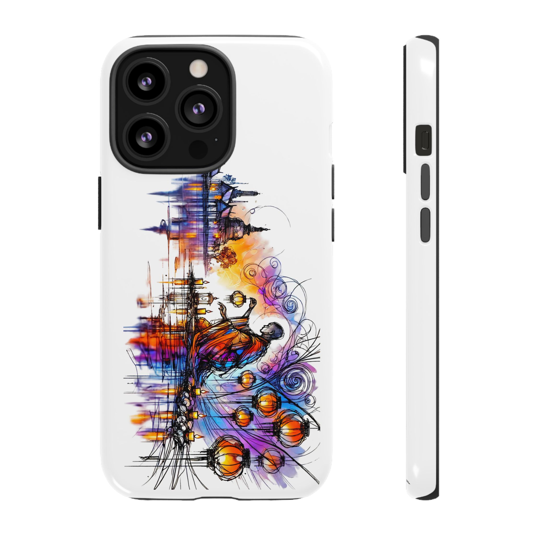 Artistic phone case featuring a colorful design with a figure and abstract elements.